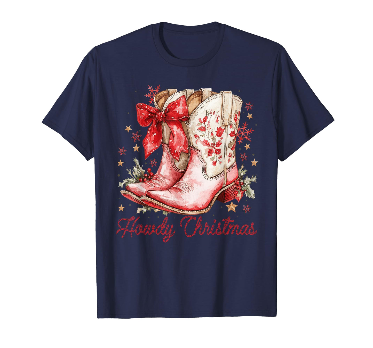 Western Howdy Christmas Cowgirl Boot Coquette Bow Christmas T-Shirt