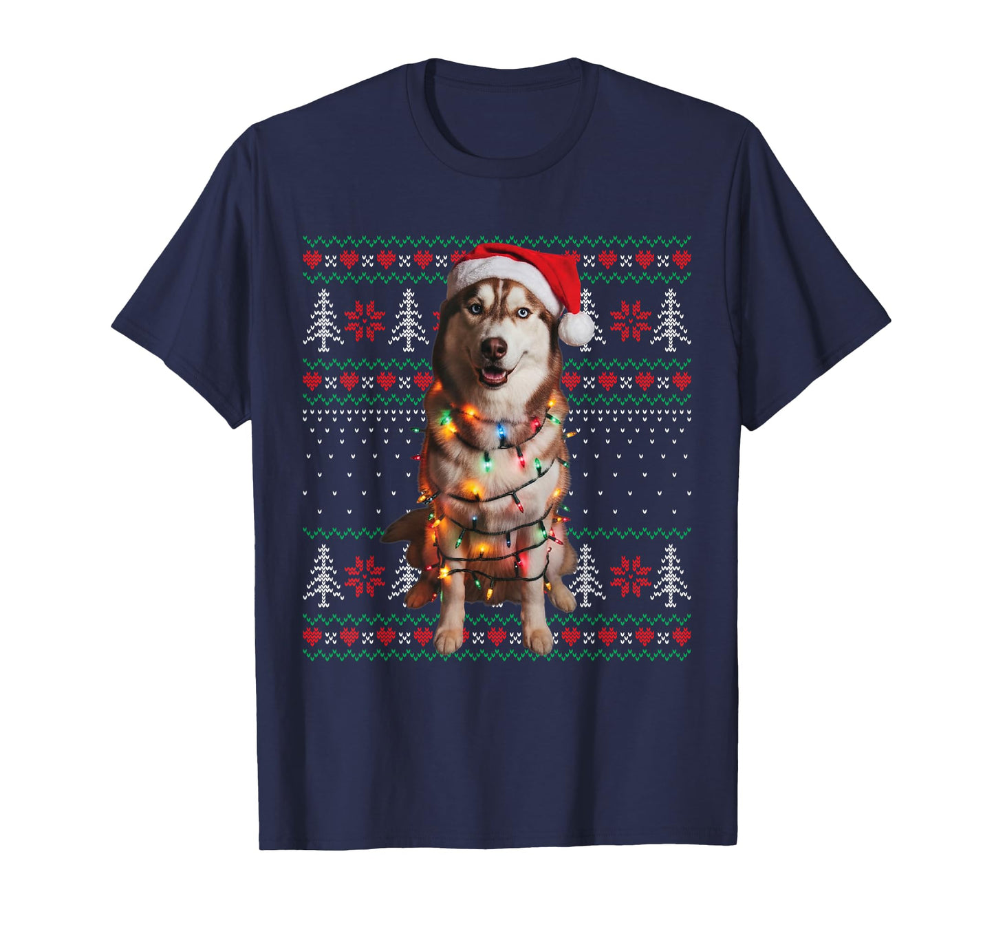 Siberian Husky Dog Christmas Ugly Sweater Dog Lights Xmas T-Shirt