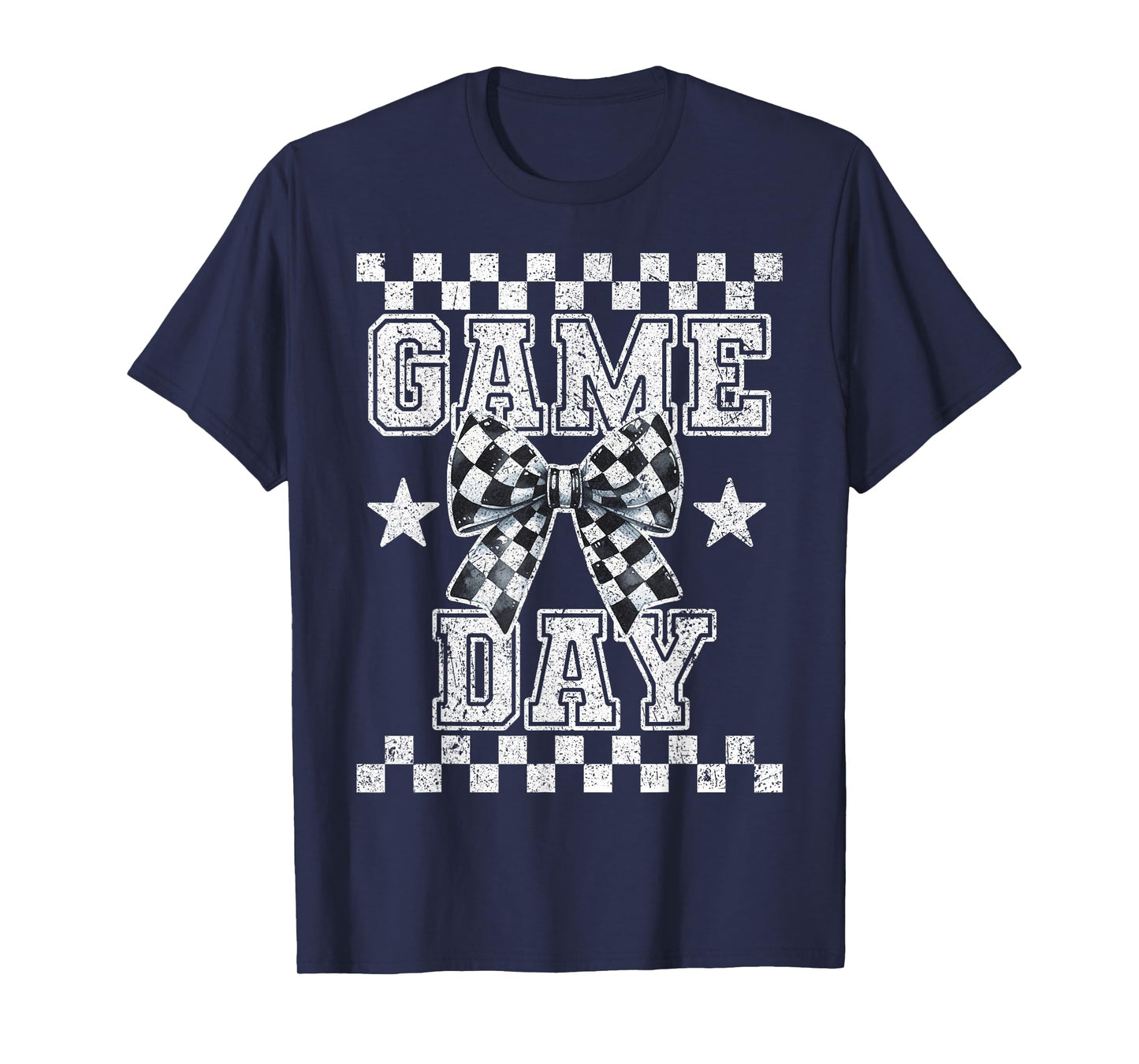 Retro Croquette Bow Black White Checkered Football Game Day T-Shirt