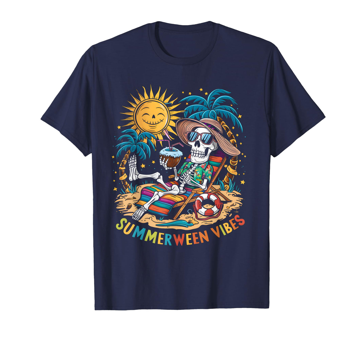 Funny Summerween Vibes Skeleton Summer Vacation Beach Men Women T-Shirt