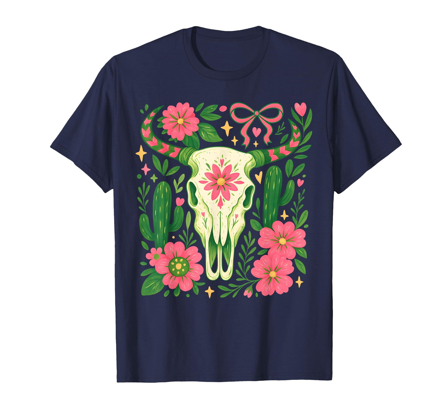 Boho Cow Bull Skull Boho Flowers Wild Western Cowgirl Texans T-Shirt