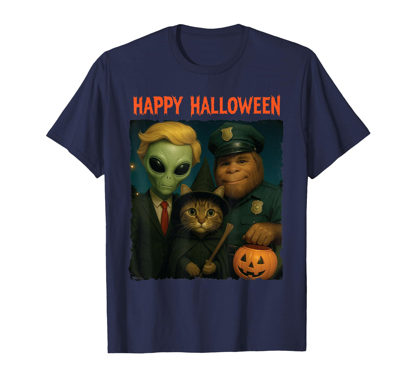 Bigfoot Alien Cat Funny Halloween Trick Treat Door Camera T-Shirt