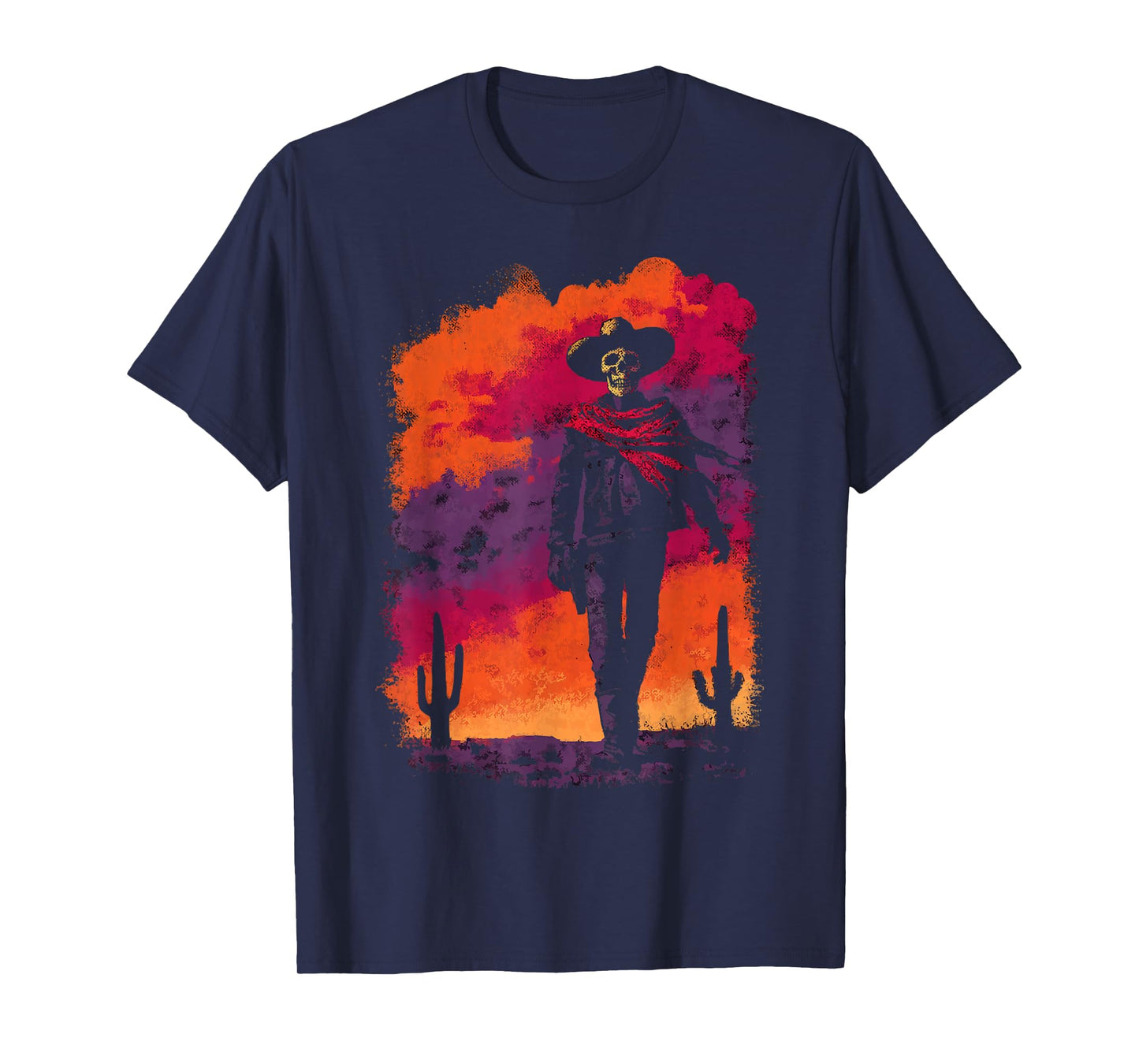 Stylish Skeleton Cowboy with Desert Sunset Western Gothic T-Shirt