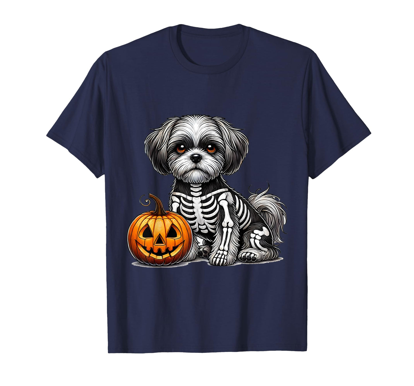 Shih Tzu Skeleton Jack O Lantern Funny Dog Halloween T-Shirt