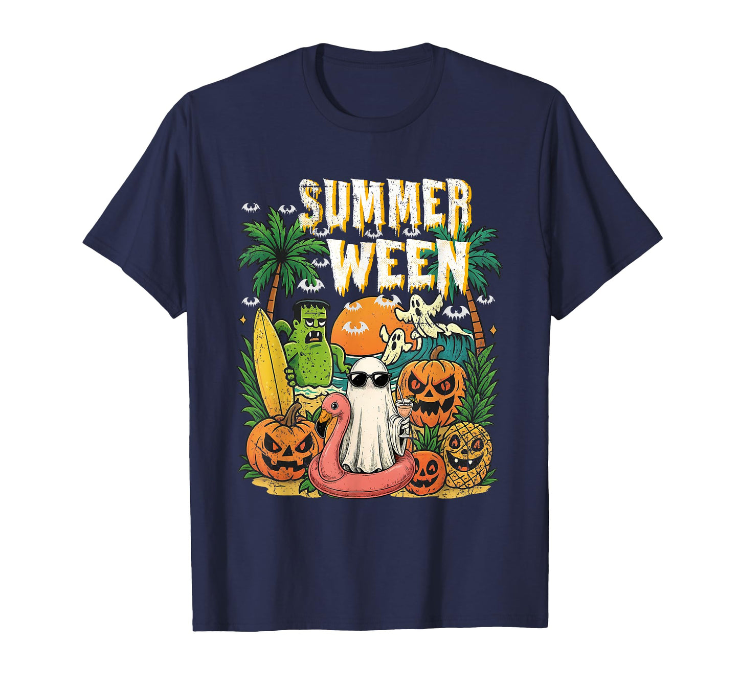 Summerween Ghost Beach Flamingo Halloween Summer T-Shirt