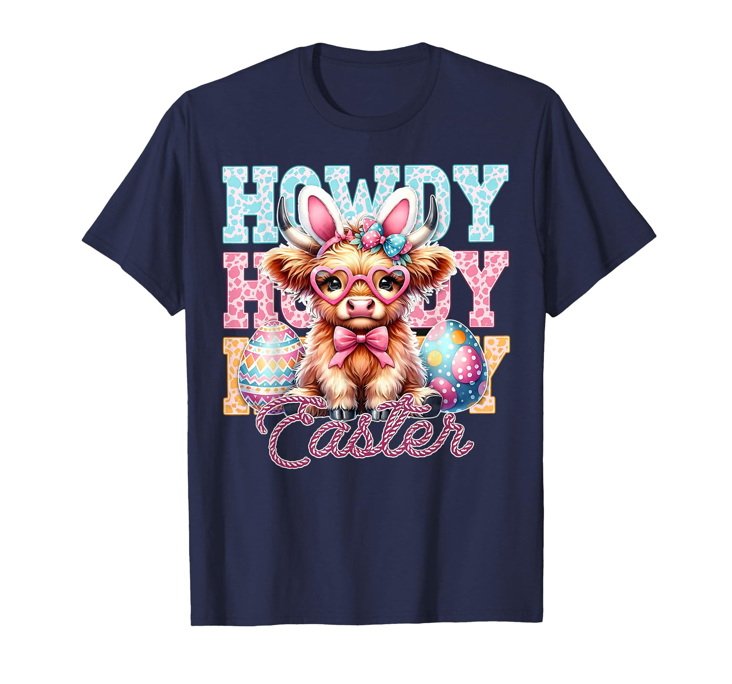 Cute Bunny Highland Cow Western Easter Ears Women Kids T-Shirt