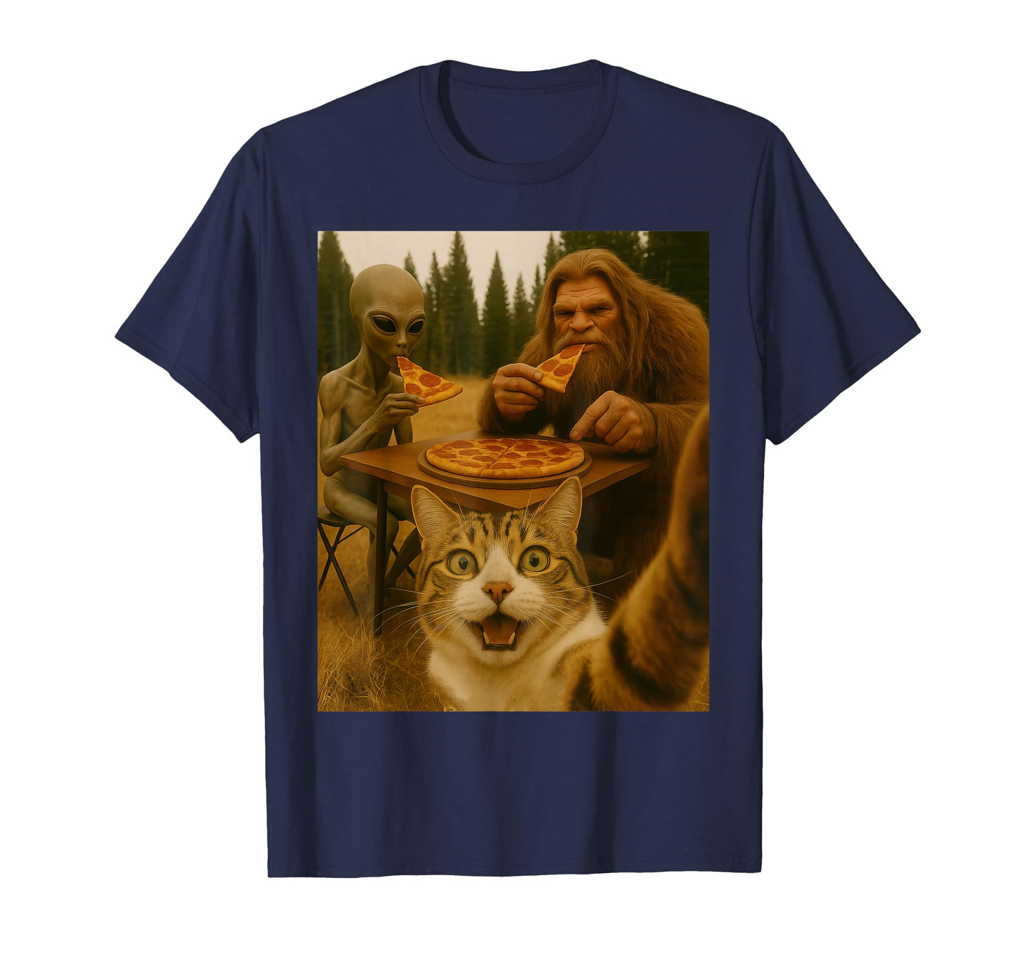 Funny Selfie of Cat With Bigfoot Eating Pizza With An Alien Men Women Kids T-Shirt