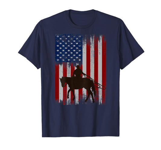 (Print on Back) vintage usa american flag cowboy Rodeo T-Shirt