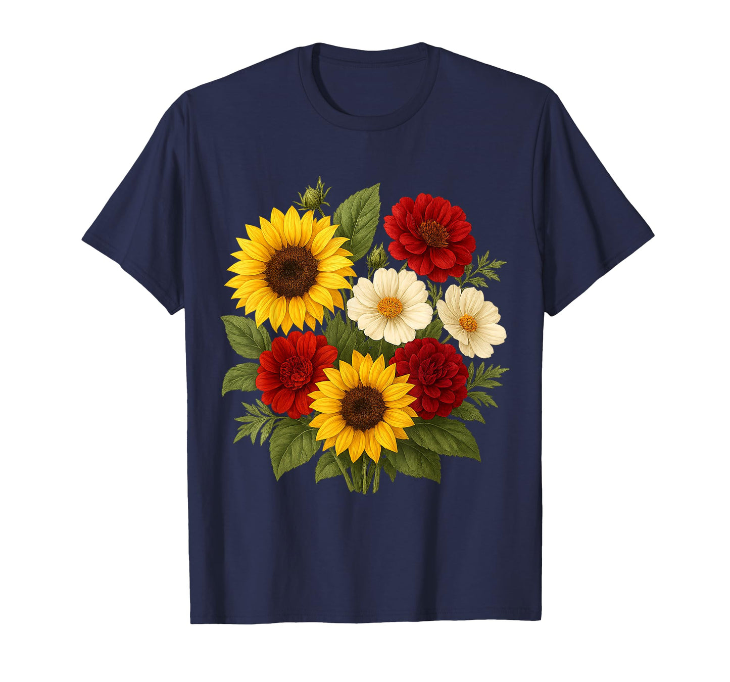 Sunflower Dahlia and Cosmos Bouquet Rustic Summer Farmhouse T-Shirt