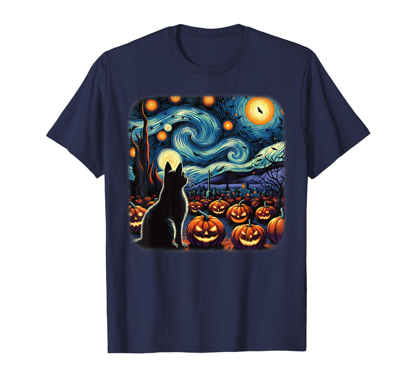 Halloween Black Cat Van Gogh Starry Night Pumpkins Bats Men Women Girls Kids T-Shirt