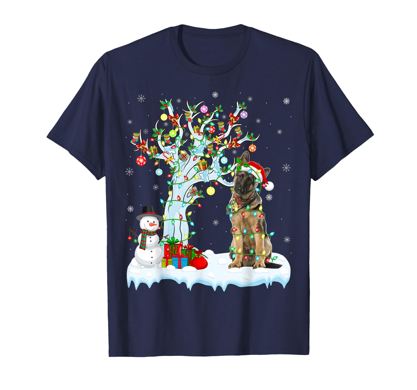 Funny Xmas Tree Lighting Santa Hat German Shepherd Christmas T-Shirt