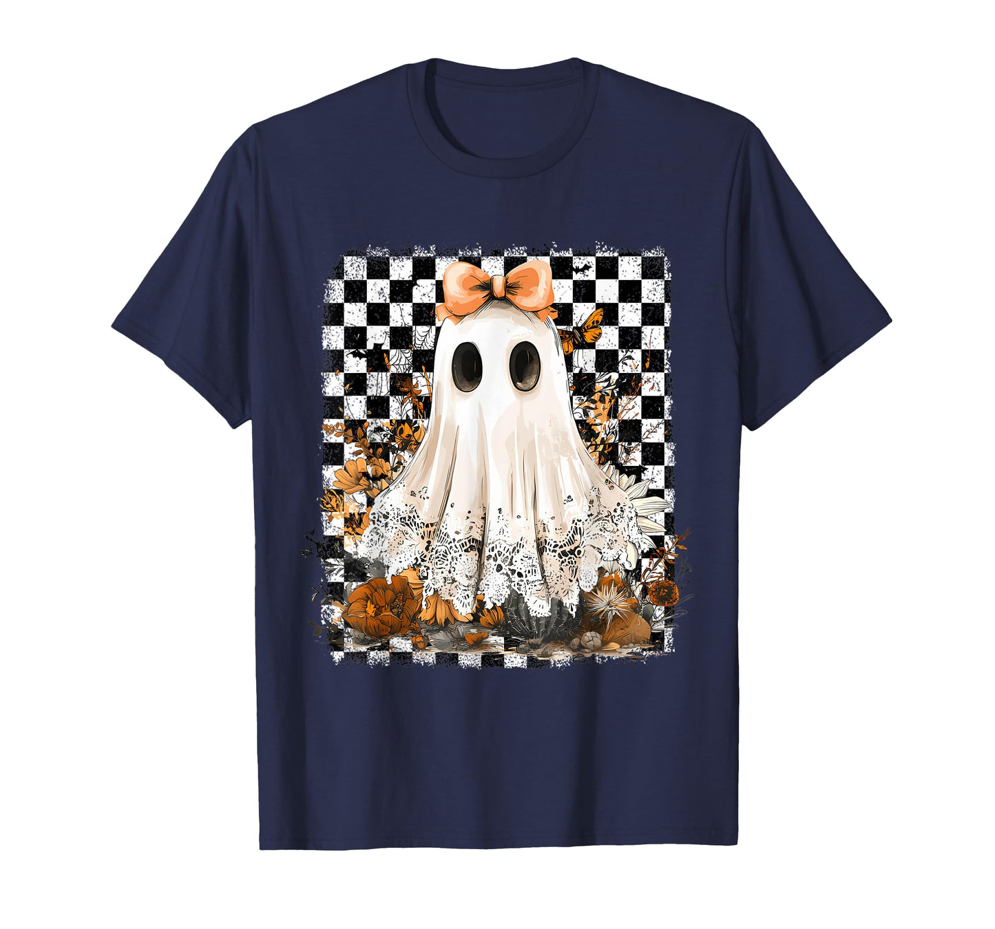 Cute Ghost Floral Lace Checkered Halloween Spooky T-Shirt