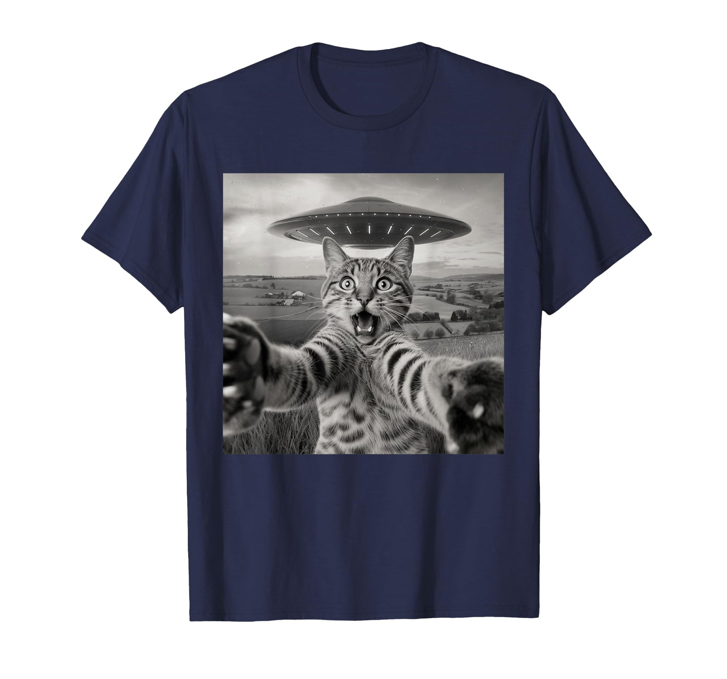 Cat Selfie With Alien UFO Funny Cat Sarcastic Humor Meme Men Women Kids T-Shirt
