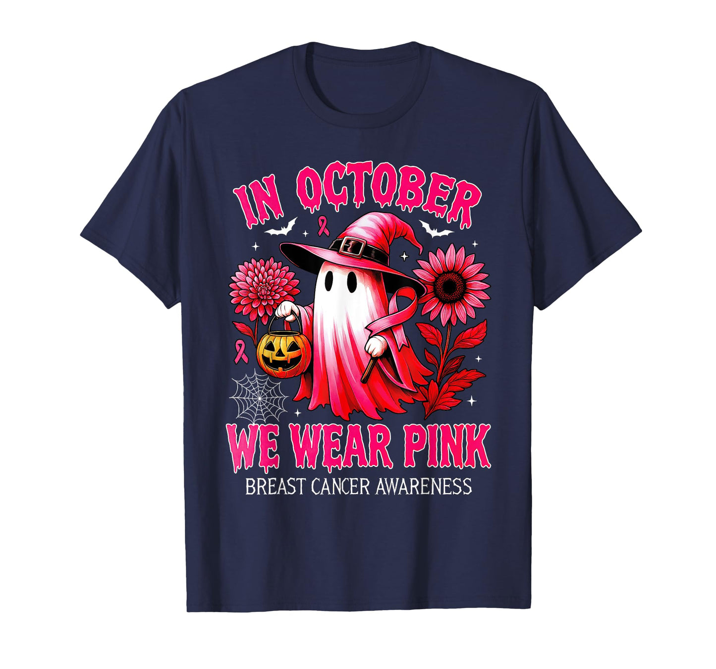 In October We Wear Pink Halloween Shirt Ghost Breast Cancer T-Shirt