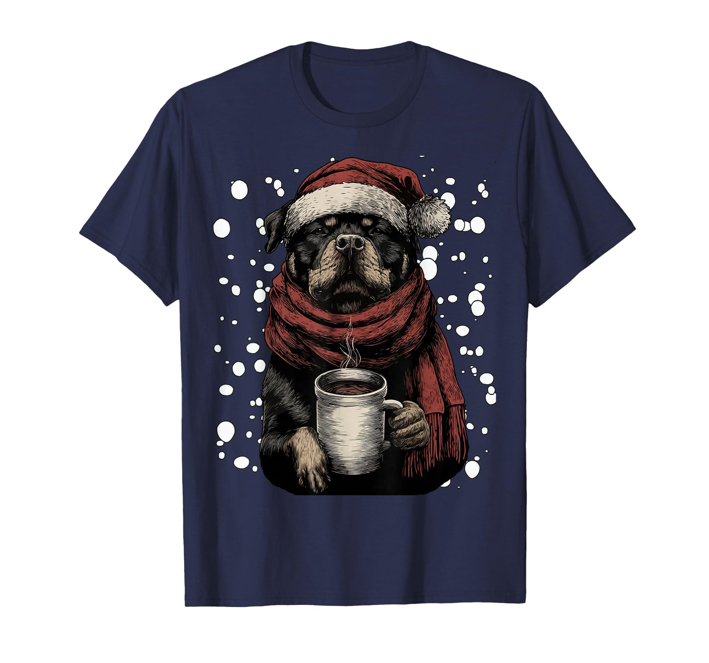 Christmas Rottweiler Santa Hat Coffee Lover Funny Winter Dog T-Shirt
