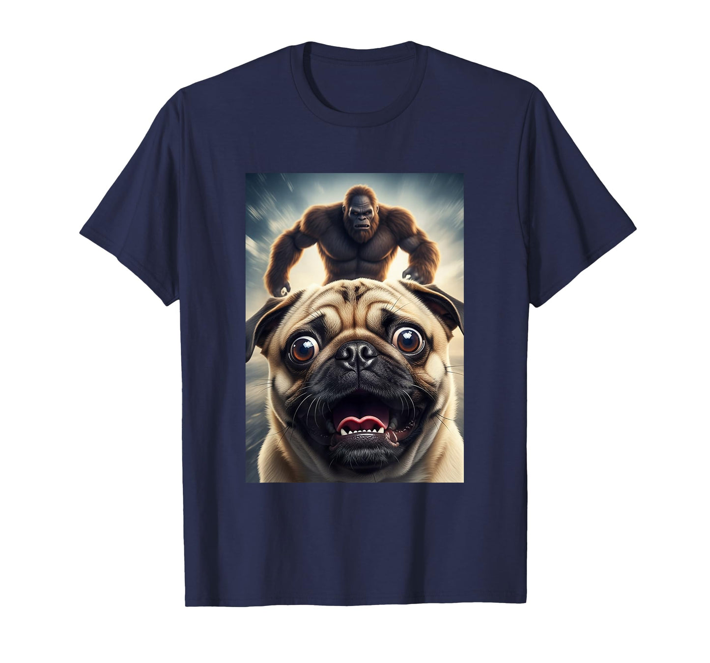 Funny Scared Pug Dog Selfie with Bigfoot Women Men Kids T-Shirt