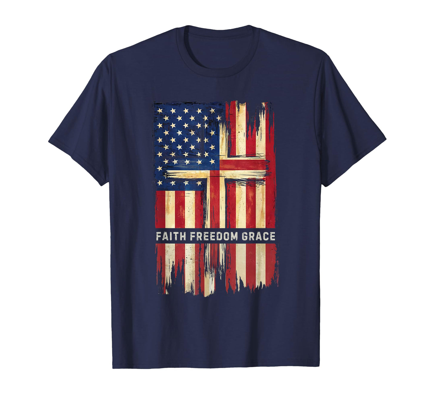 American Flag with Christian Cross Faith, Freedom, Grace T-Shirt