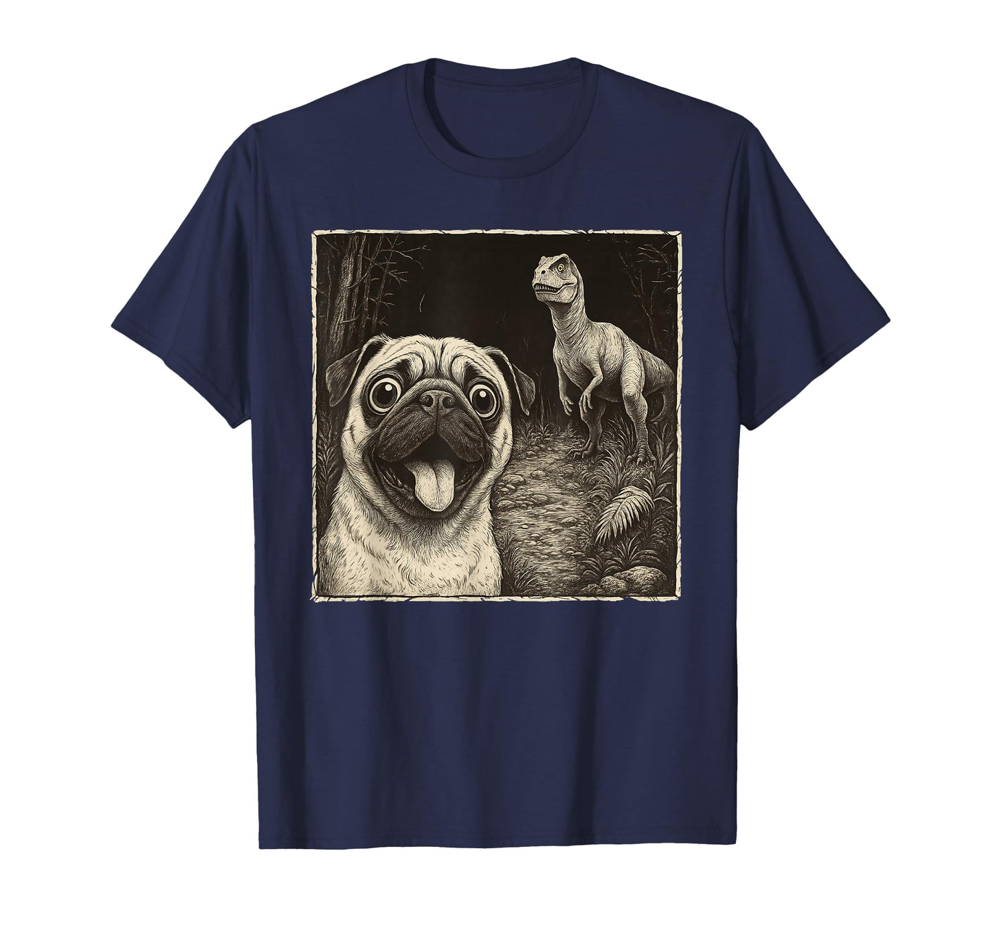 Dog Pug Selfie With T-Rex Dinosaur Funny T-Shirt