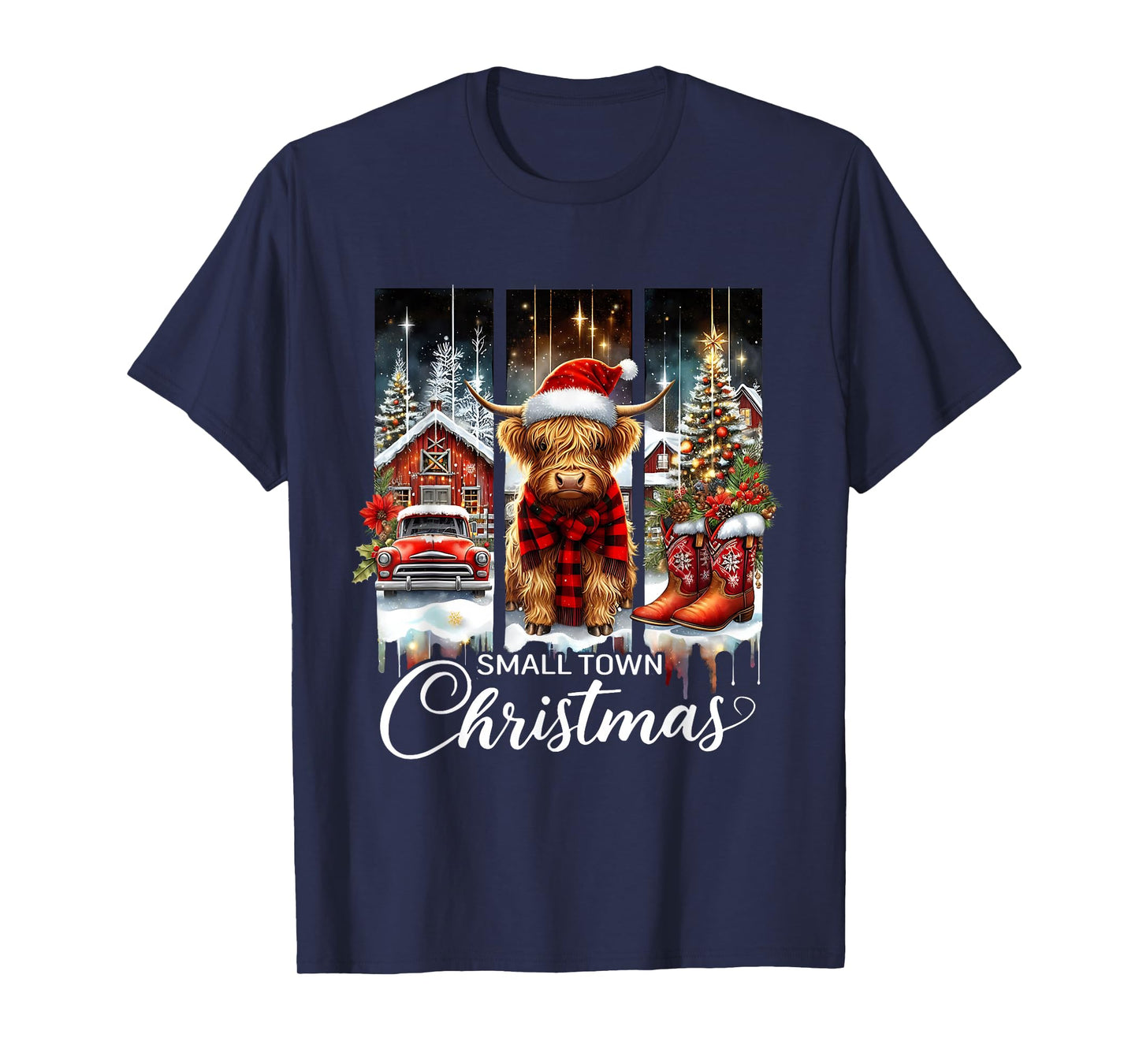 Small Town Christmas Highland Cow Western Art T-Shirt