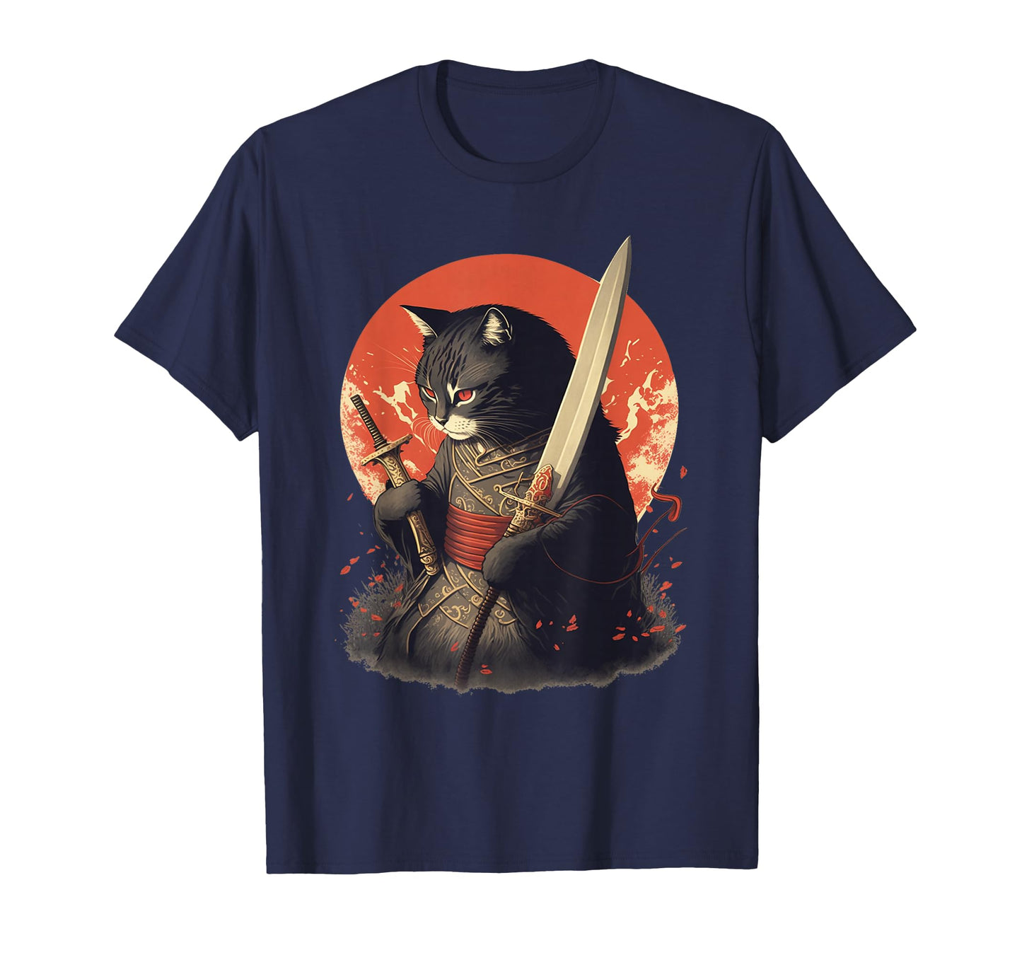 Retro Japanese Samurai Ninja Cat Kawaii Tattoo Graphic Style T-Shirt