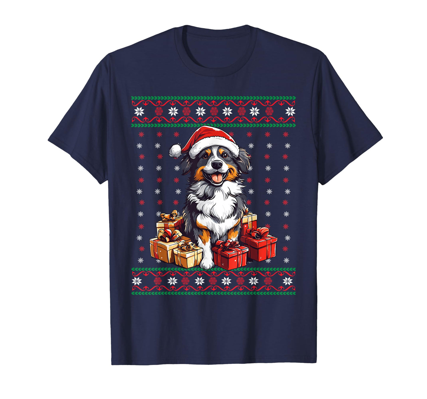 Aussie Santa Hat Xmas Australian Shepherd Ugly Christmas T-Shirt