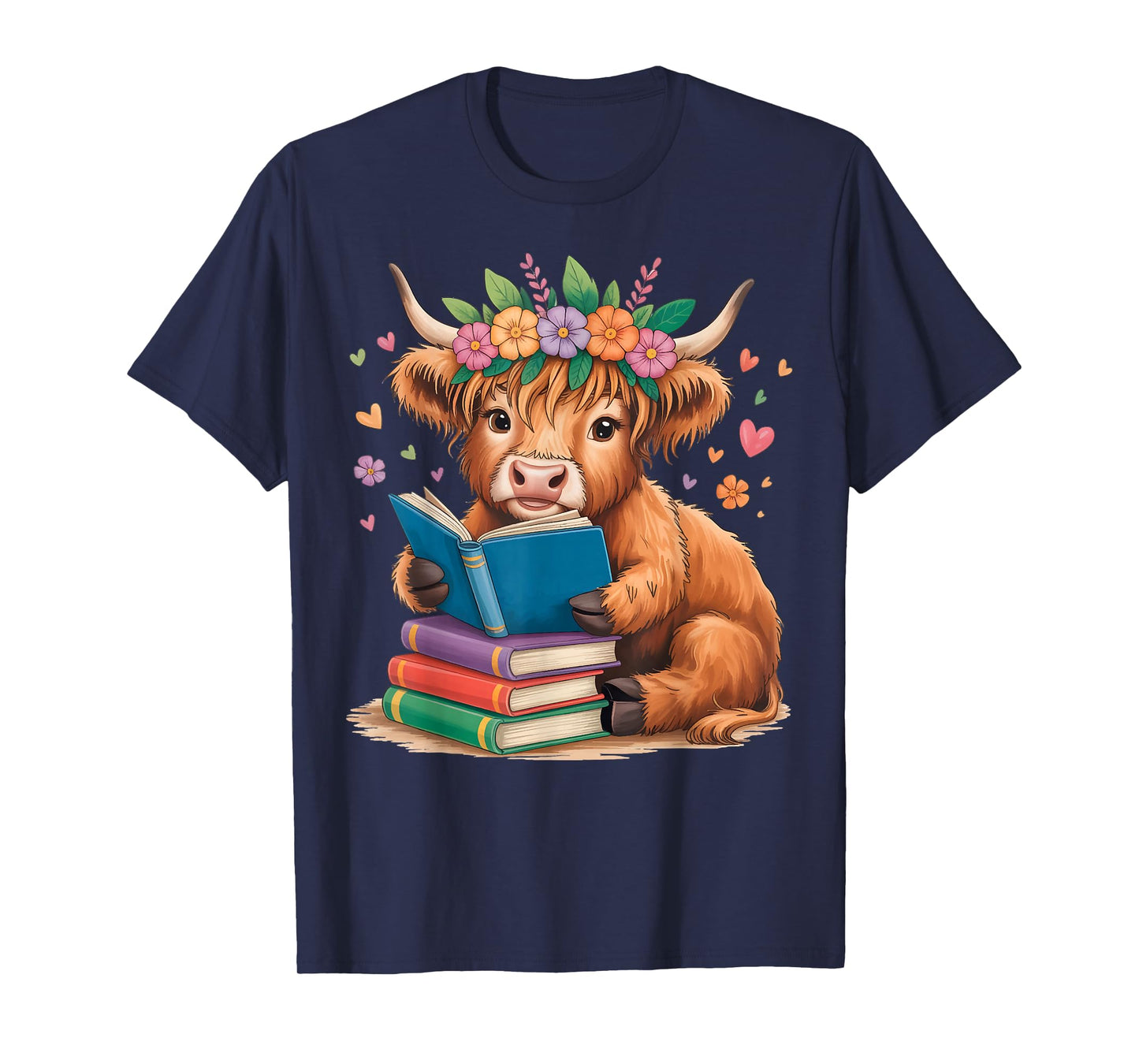 Cute Highland Cow Reading Books Farm Animal Flowers T-Shirt