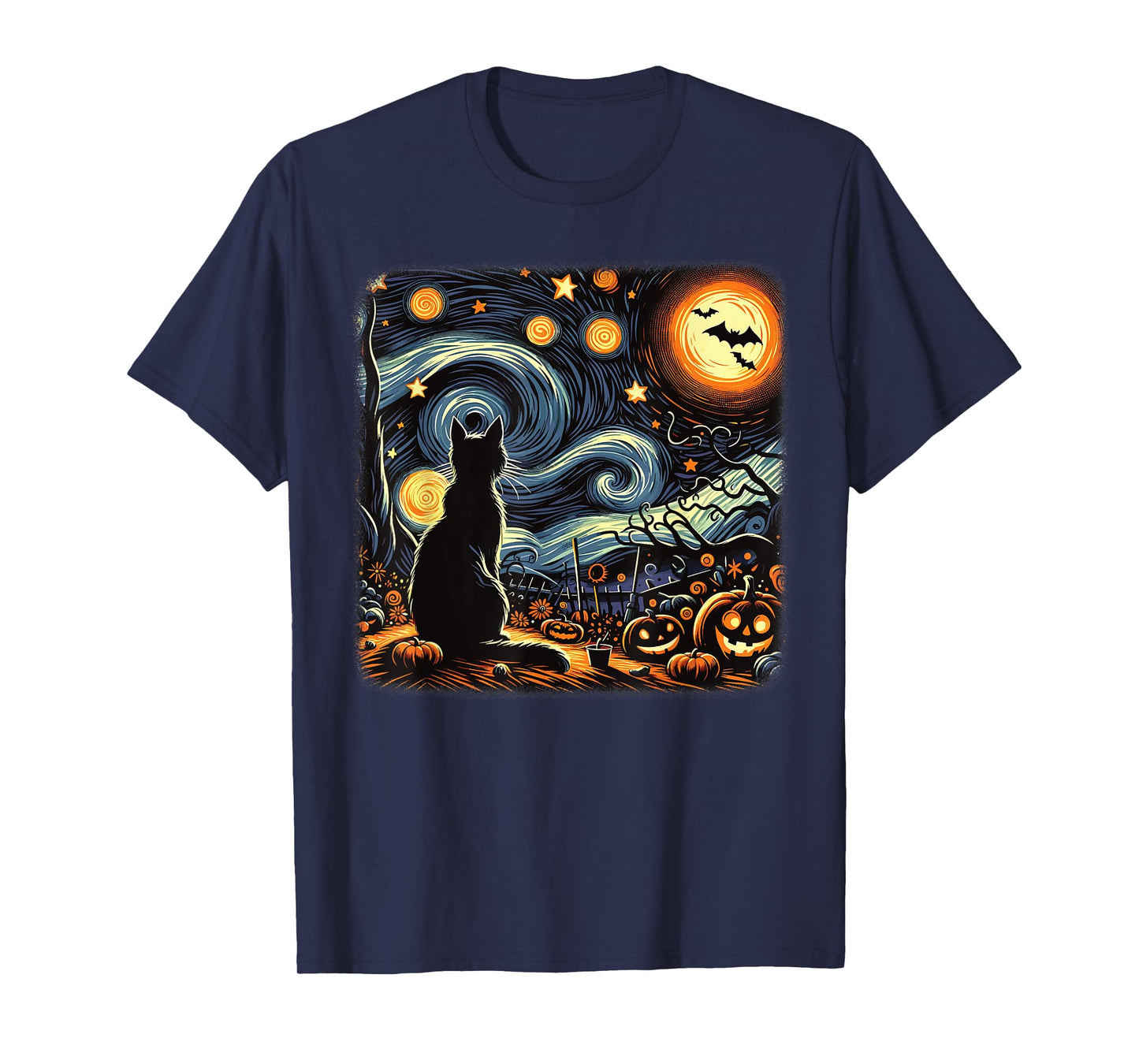 Halloween Black Cat Van Gogh Starry Night Cat Lovers Cat T-Shirt