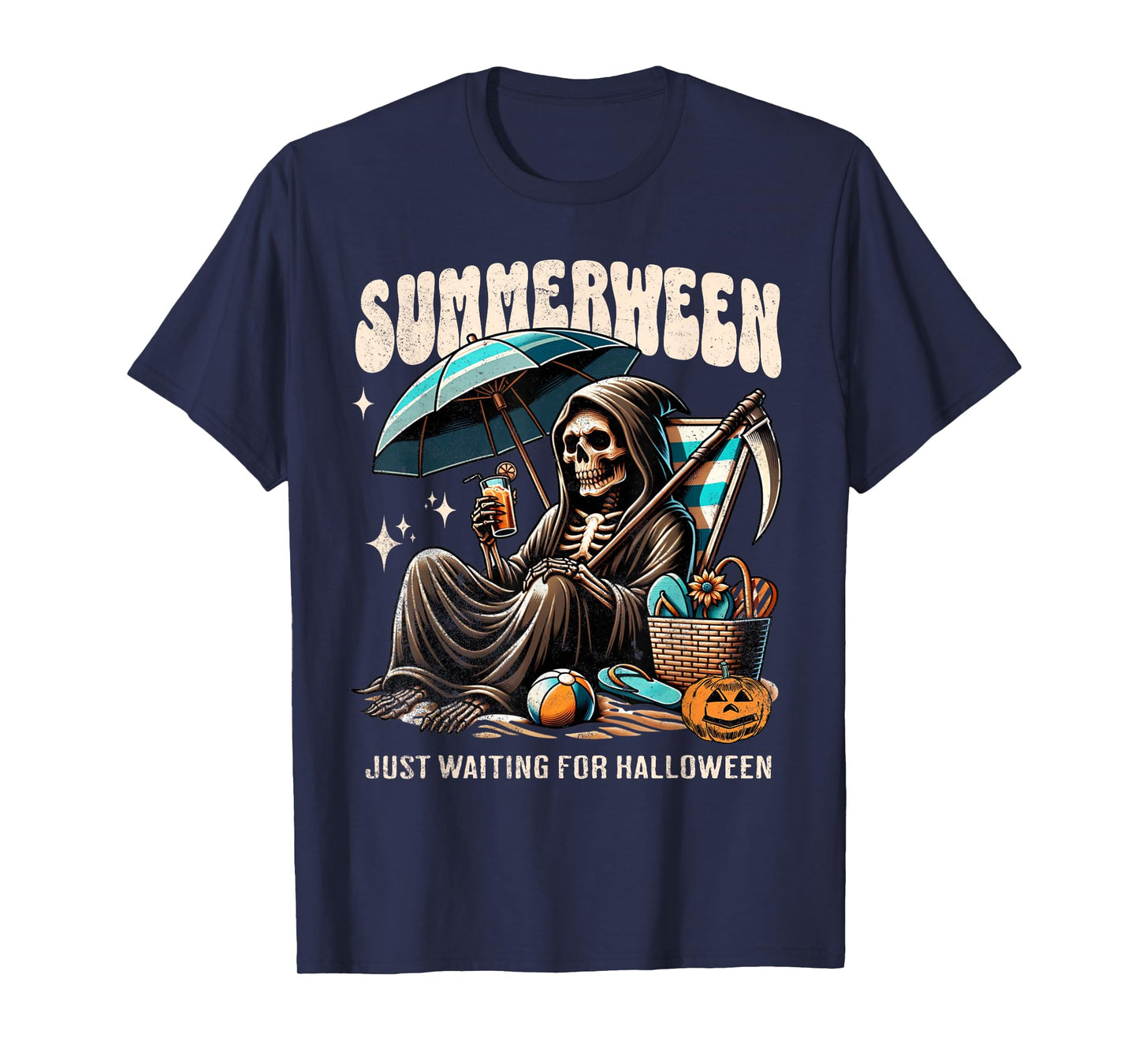 Summerween Grim Reaper Skeleton Summer Vibes Halloween Ghost Men Women Kids T-Shirt