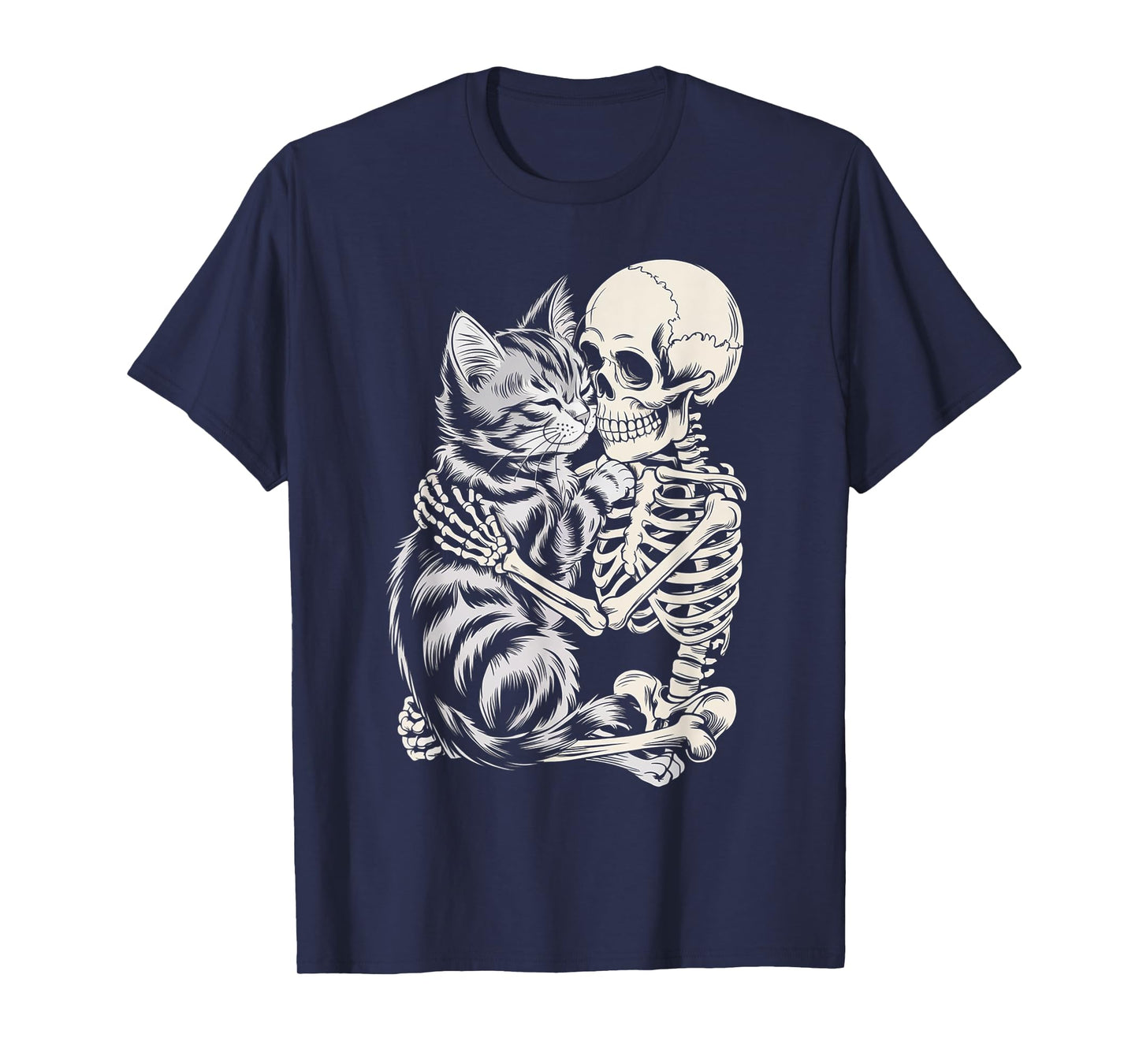 Skeleton Hugging Cat Halloween Cat Lover Skull Kitty T-Shirt