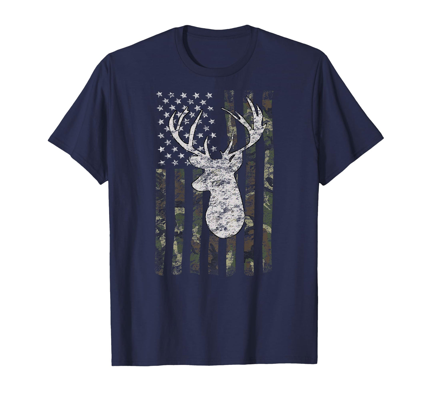 Deer Hunting American Flag Camo Buck Silhouette (on Back) T-Shirt for Women Kids Men