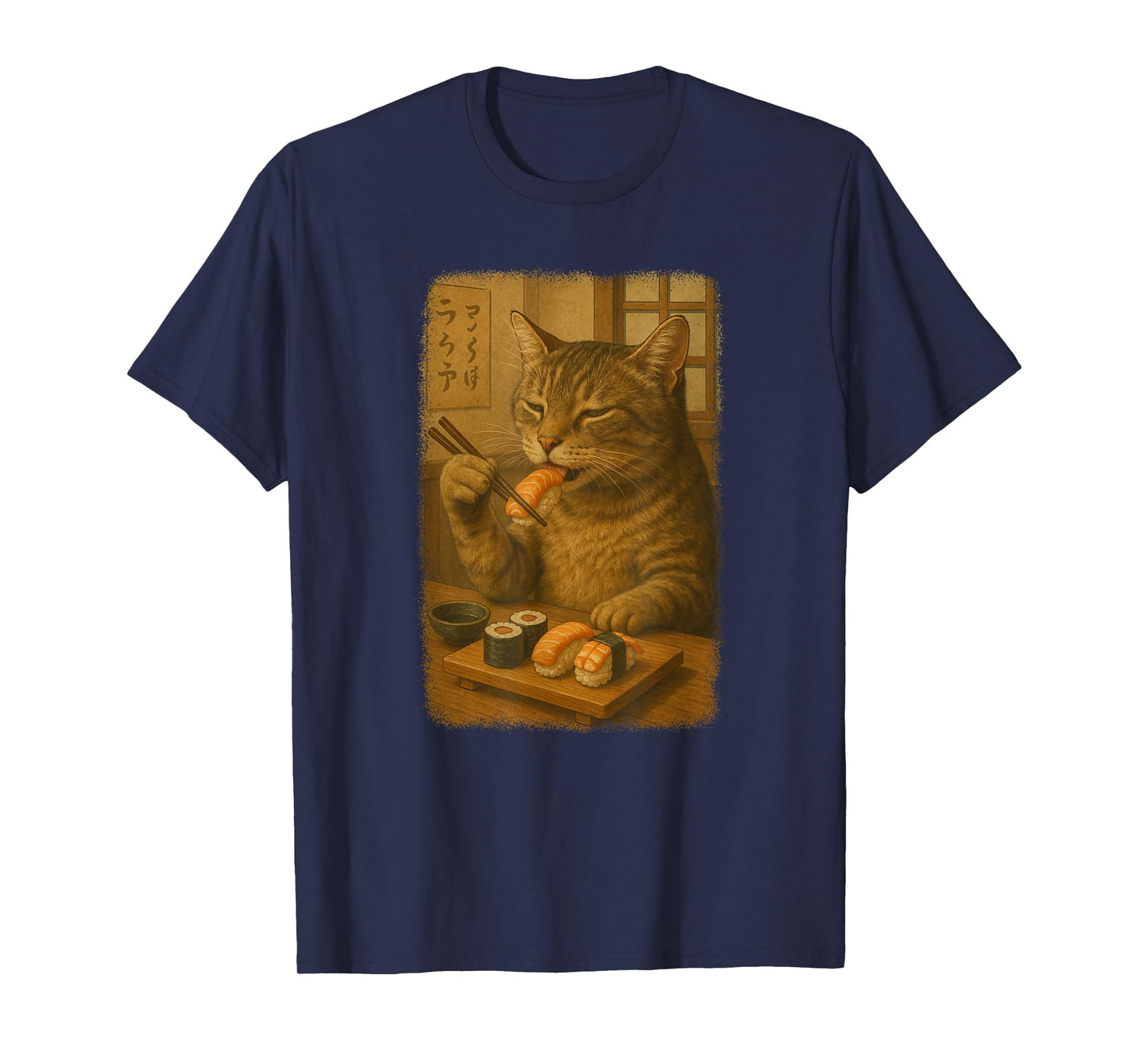 Orange Tabby Cat Eats Sushi Japanese Vintage T-Shirt