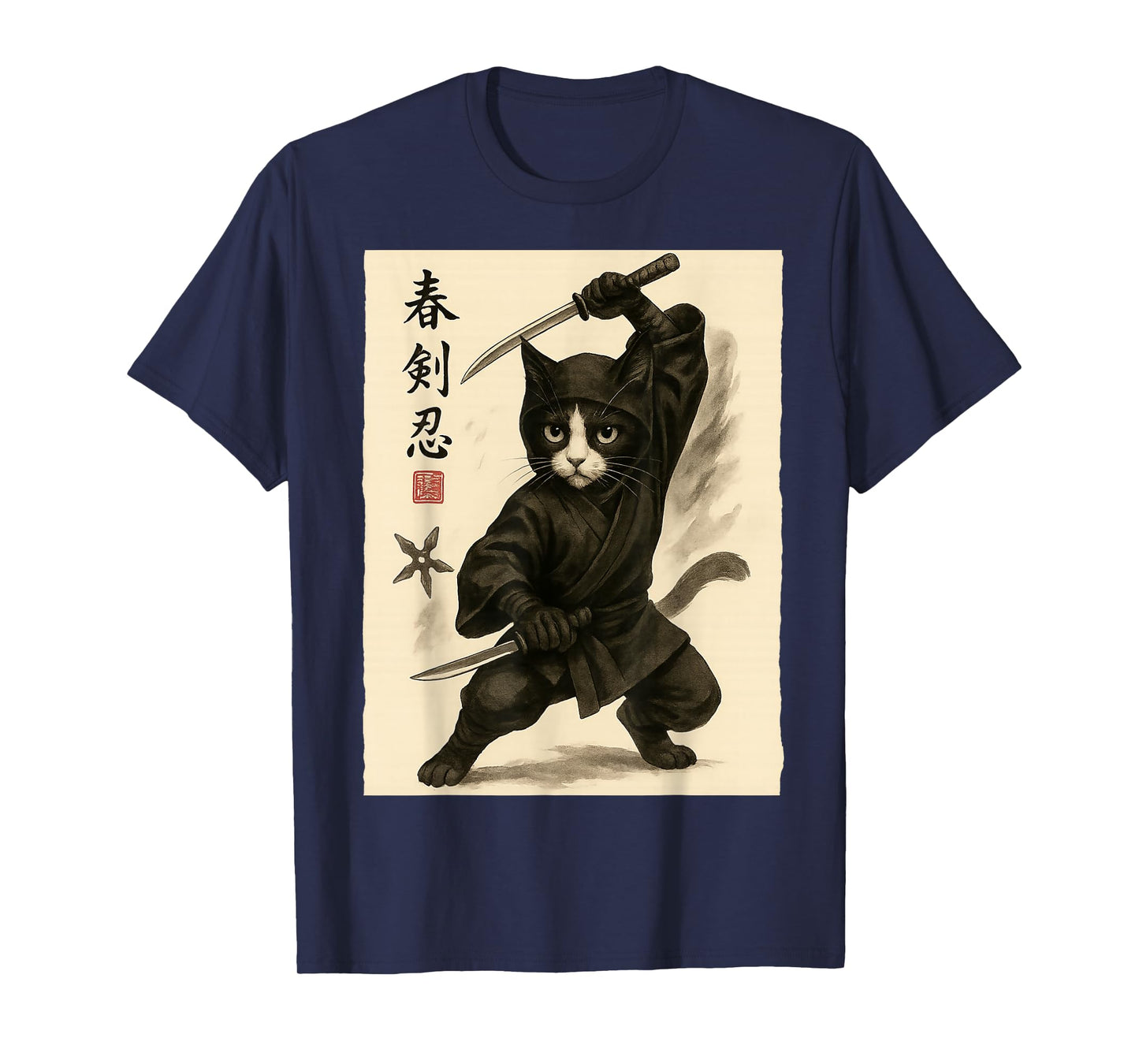 Ninja Cat Vintage Ukiyo-e Warrior Art Graphic Cat Art T-Shirt