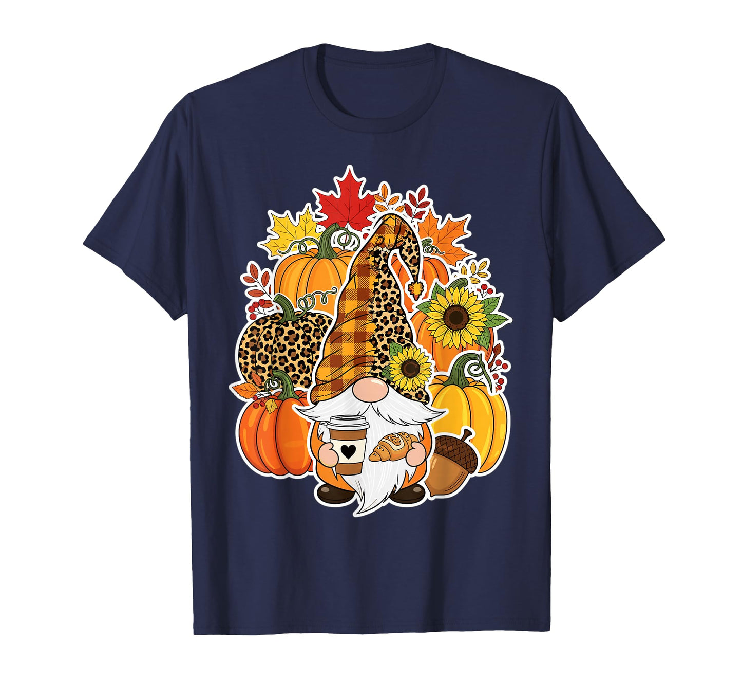 Gnome with Coffee Leopard Pumpkin Fall Harvest Vibes T-Shirt