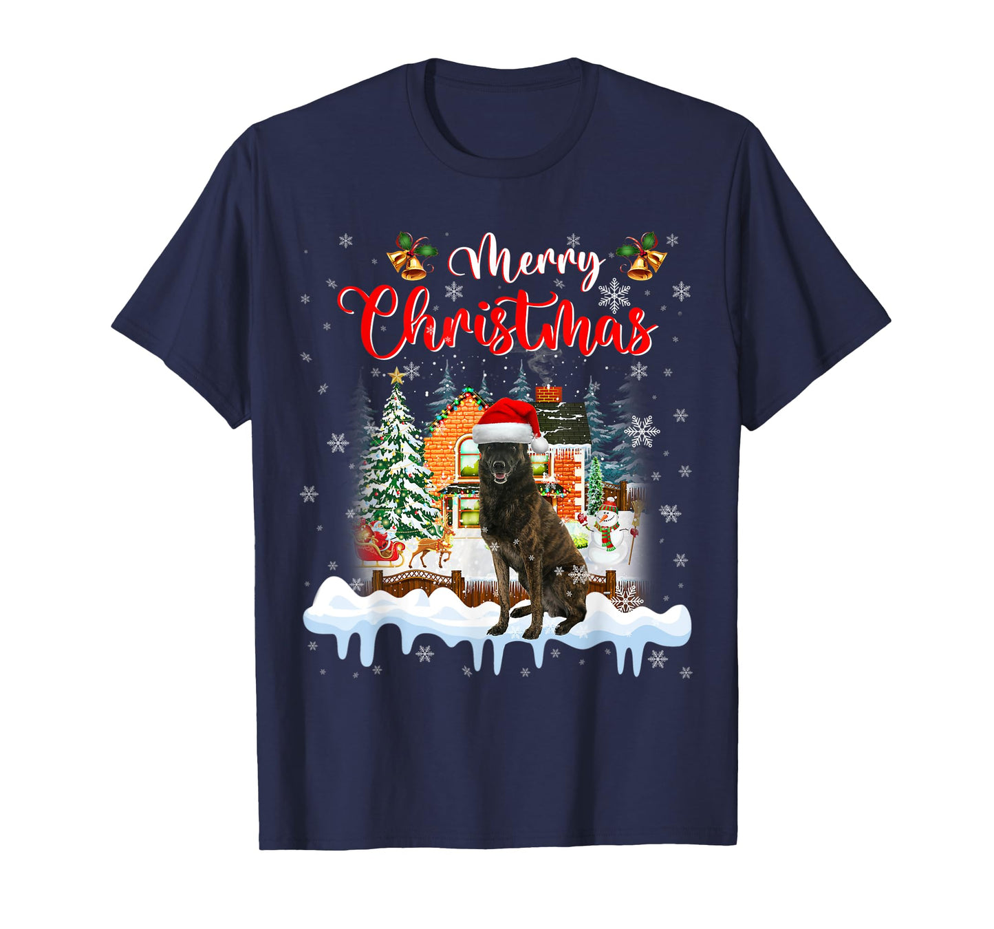 Merry Christmas Dutch Shepherd Dog Santa Hat Lights Xmas T-Shirt