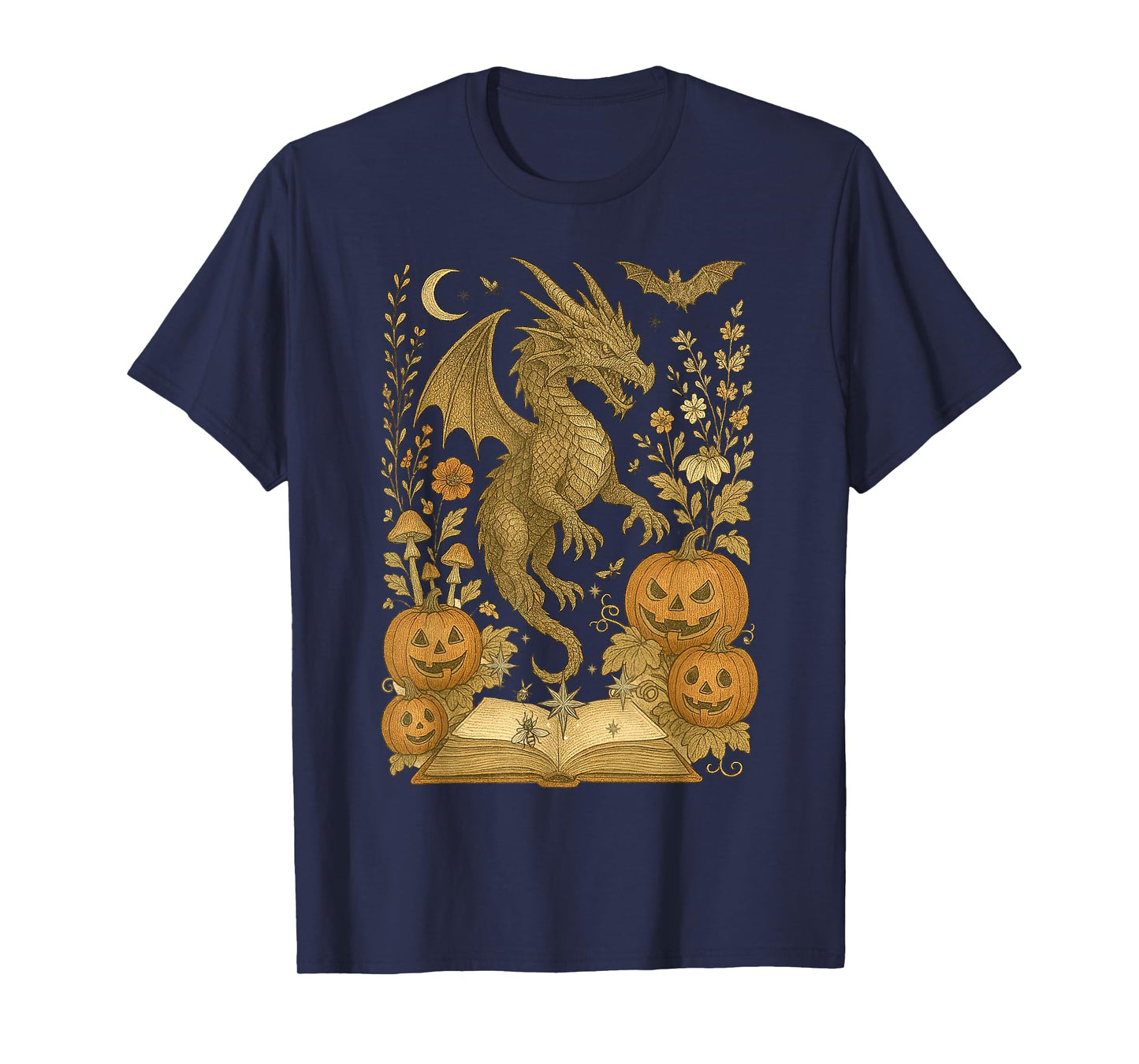 Retro Floral Dragon Book Pumpkin Spooky Reading Halloween T-Shirt