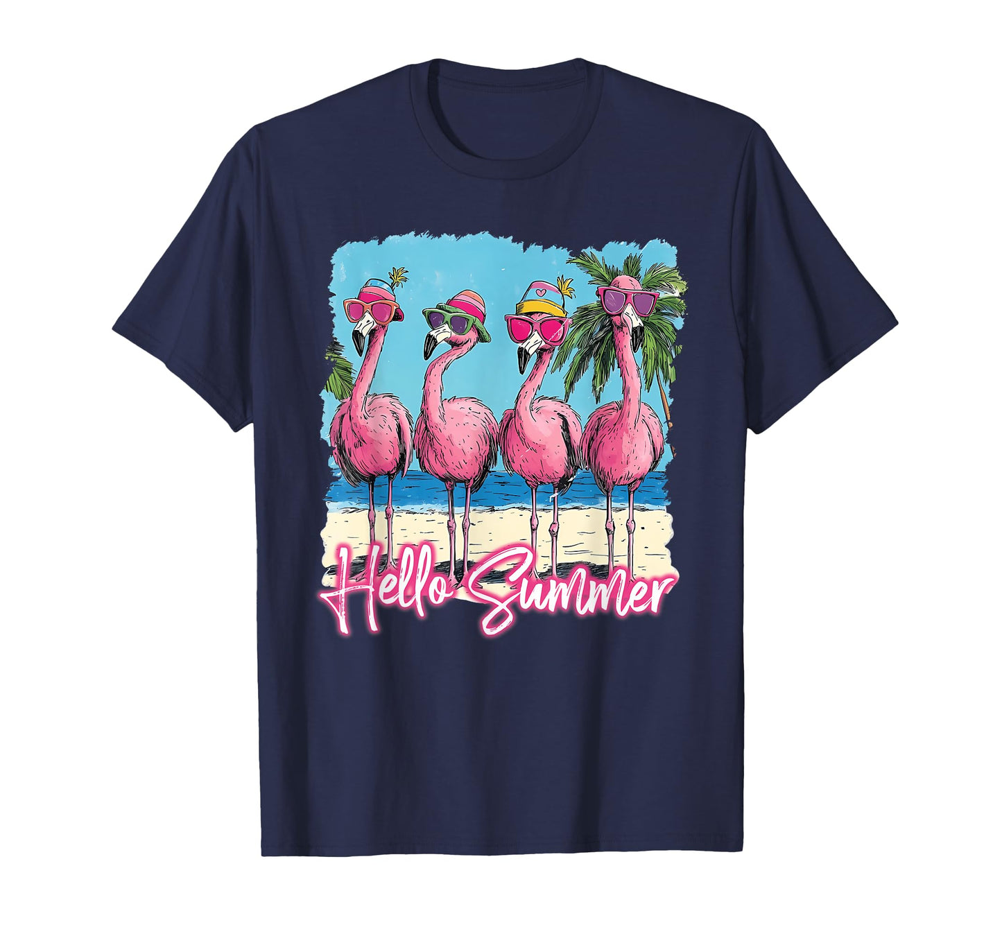 Pink Flamingo Hello Summer Vibes Beach Palm Tree T-Shirt