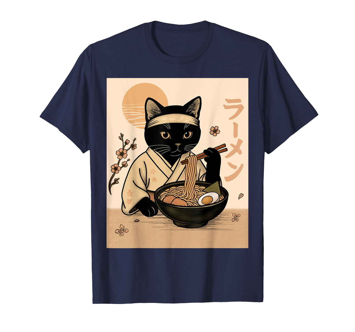 Samurai Cat Eating Ramen in Kimono Japanese Food Art T-Shirt