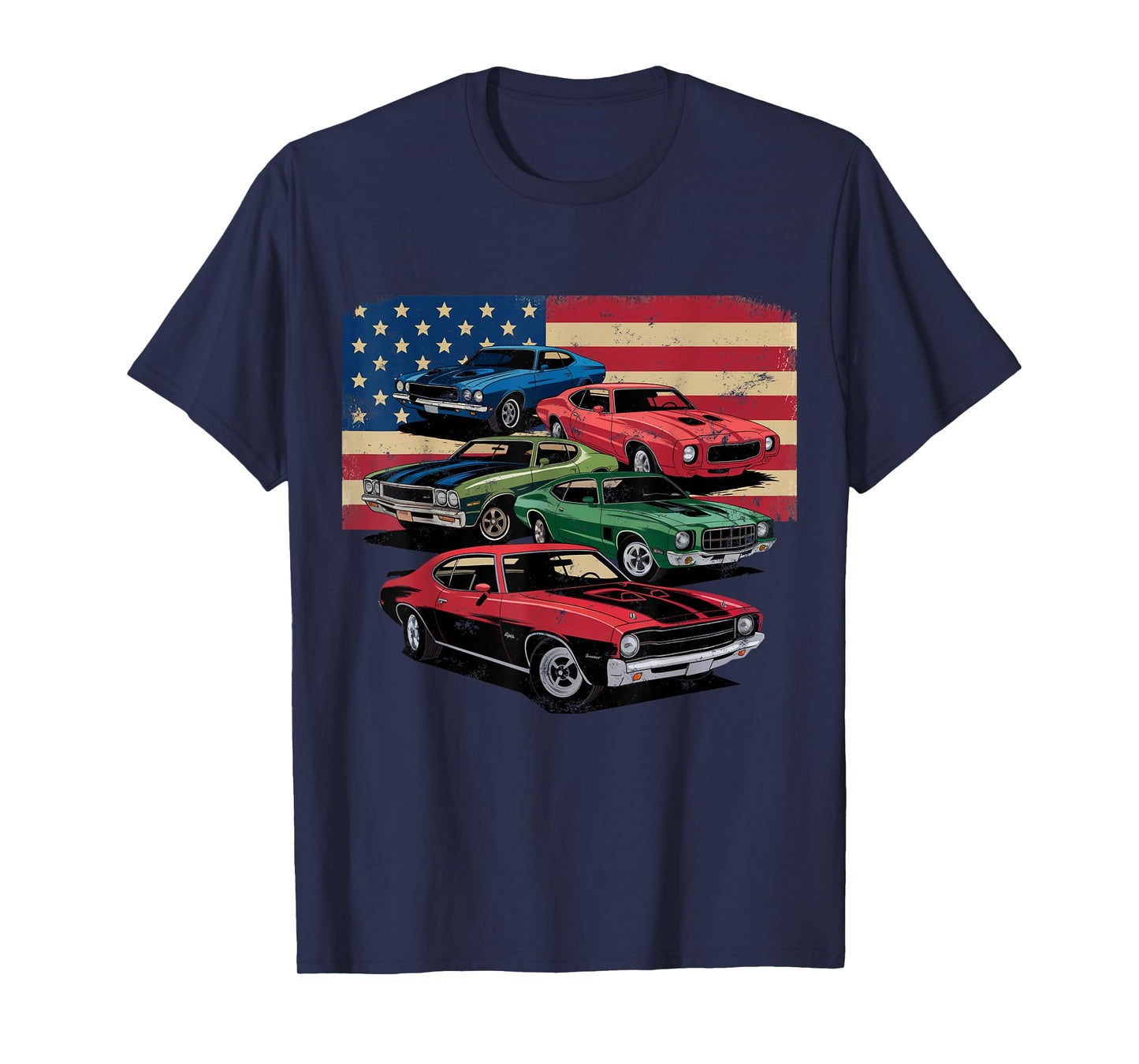 Vintage Classic Cars Muscle Car American Flag Patriotic T-Shirt