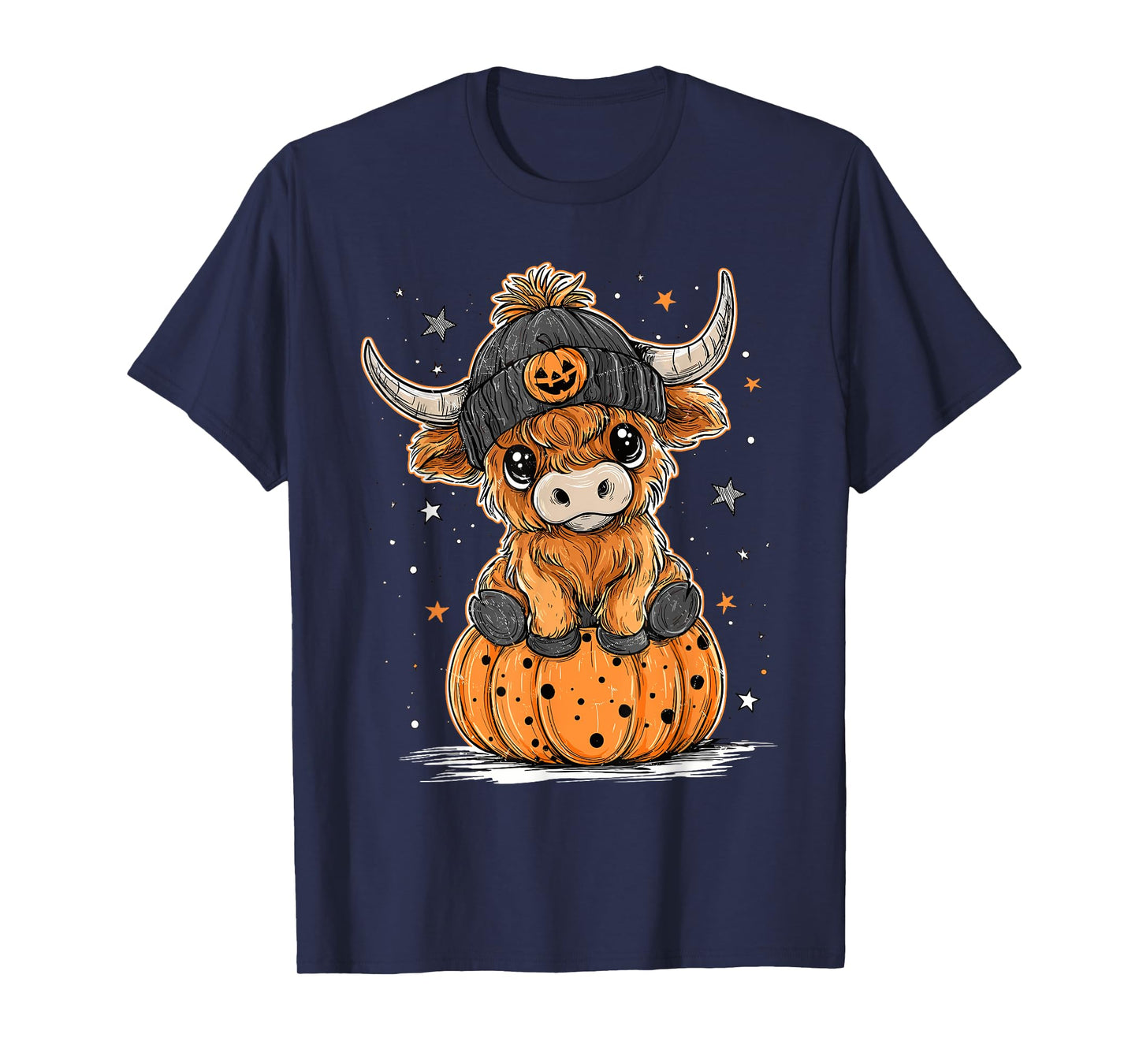 Cute Pumpkin Highland Cow Halloween Cow Lover Men Women Kids T-Shirt
