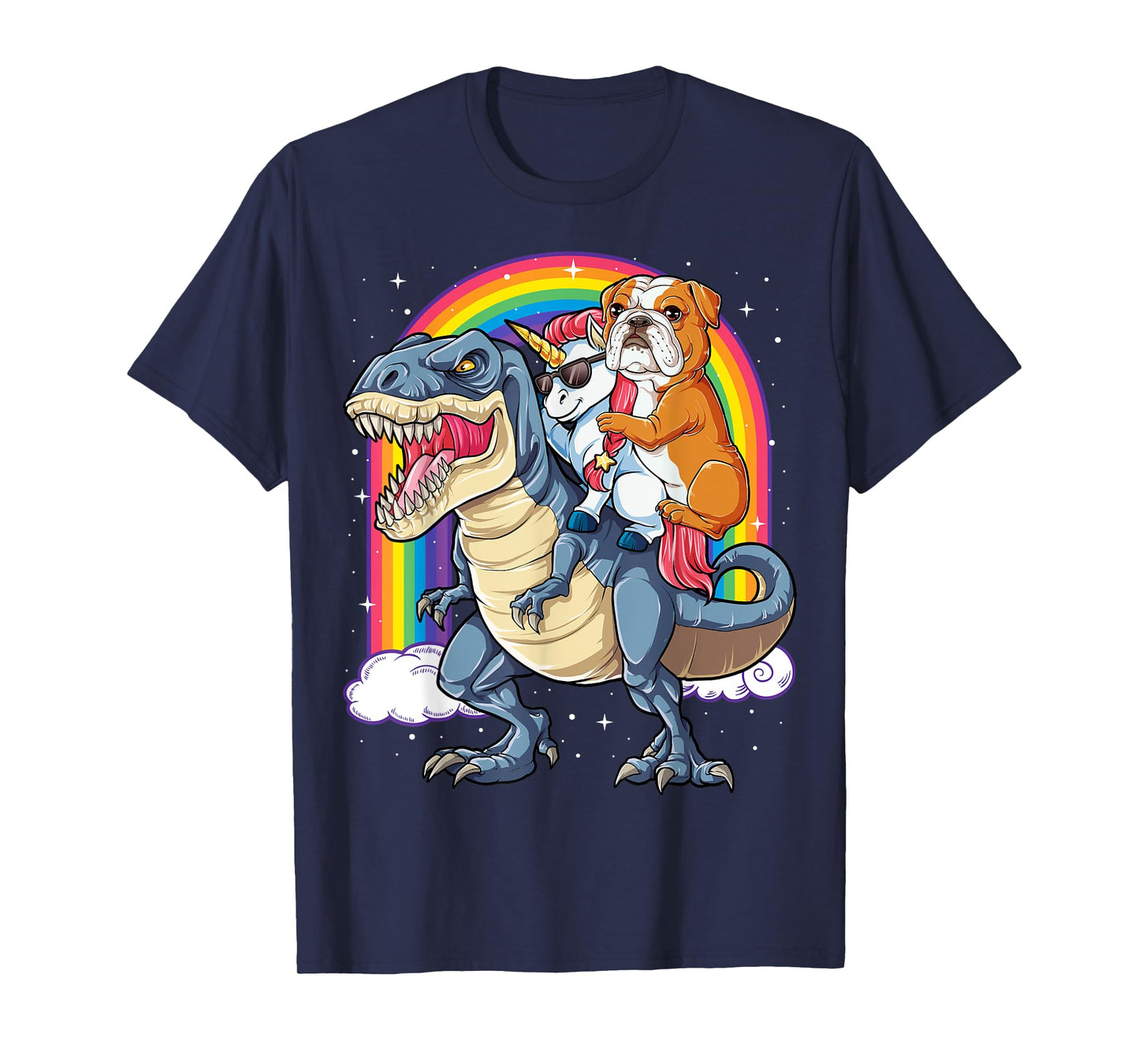 English Bulldog Unicorn Riding Dinosaur T-rex Gifts Girls T-Shirt