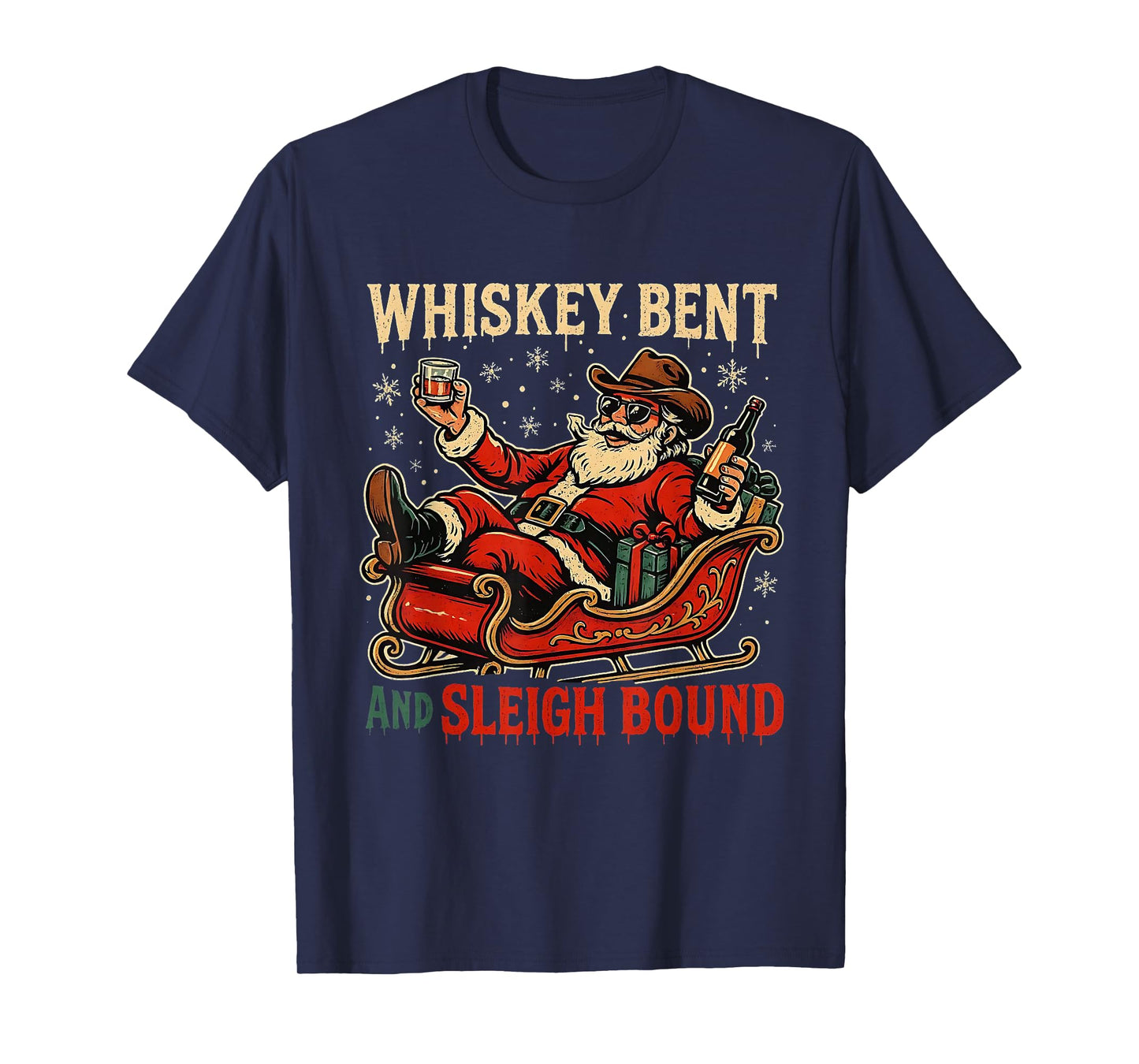 Whiskey Sleigh Bound Cowboy Santa Christmas T-Shirt