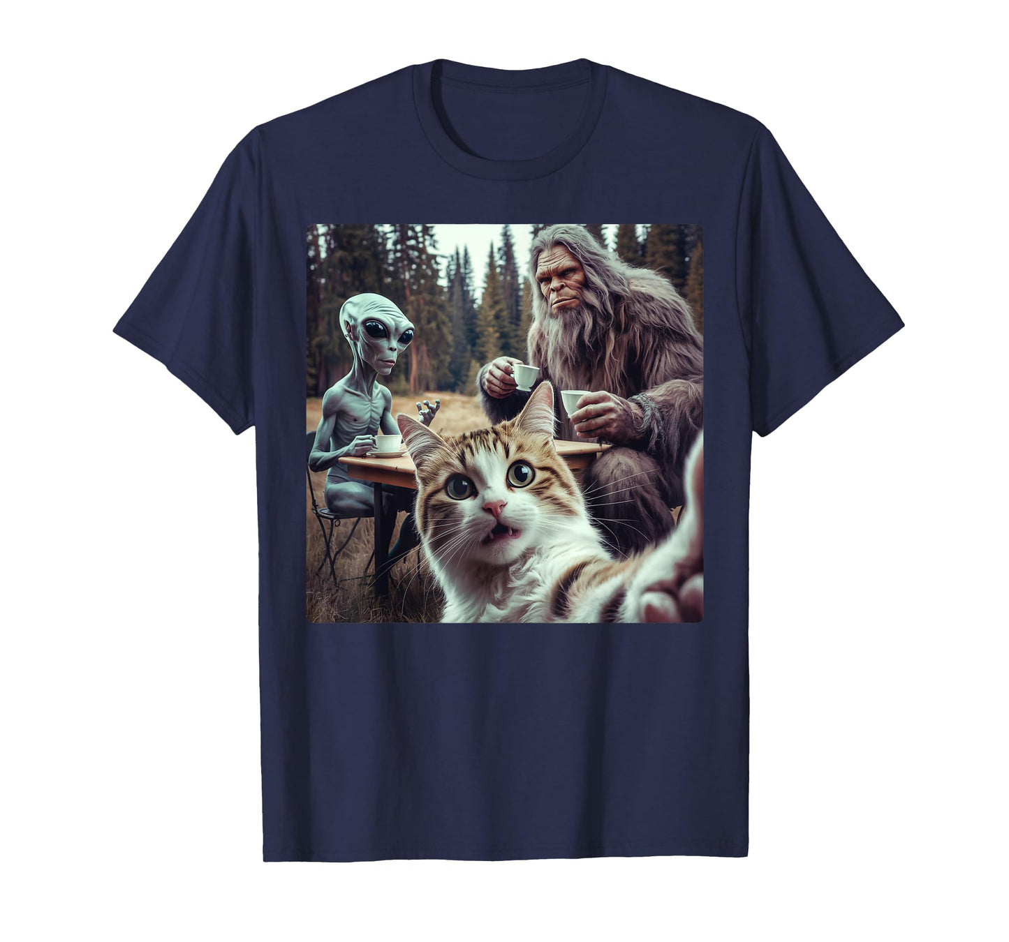 Cat Selfie With Bigfoot Alien Funny Gifts For Men Women Kid T-Shirt
