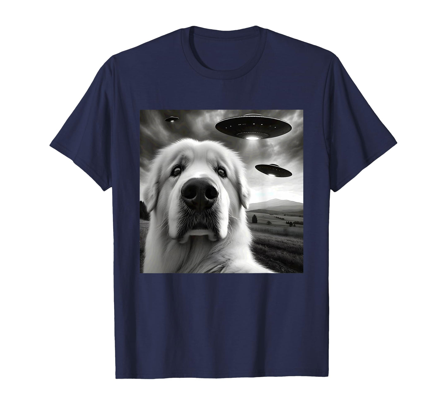 Great Pyrenees Funny Graphic Selfie with UFOs Weird Aliens T-Shirt