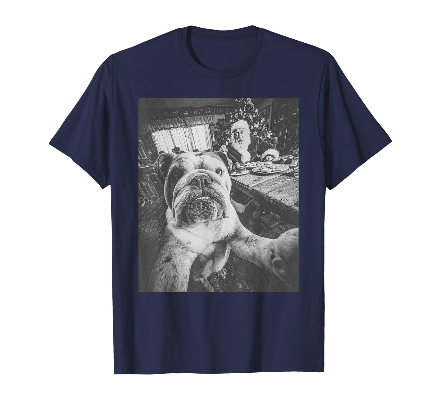 Funny AI English Bulldog Selfie with Santa Claus Christmas T-Shirt