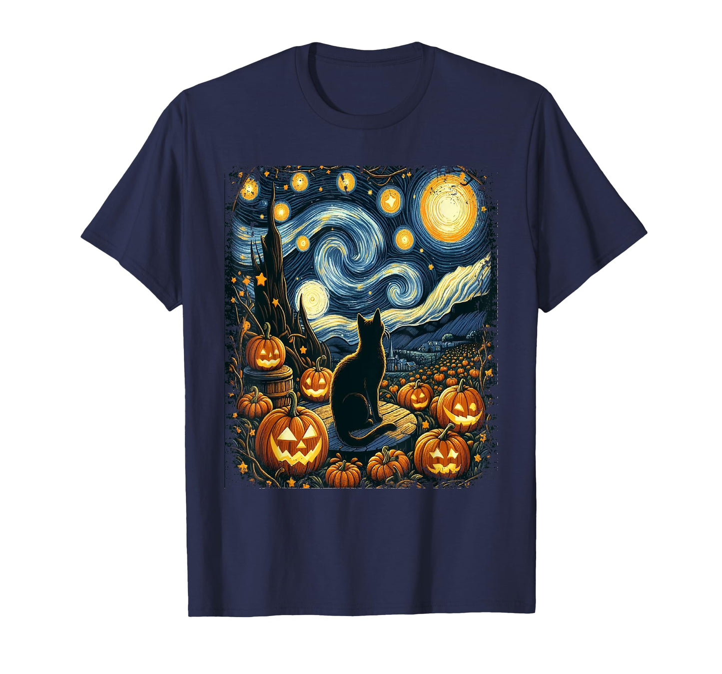 Halloween Van Gogh Starry Night Black Cat Pumpkins Men Women Kids T-Shirt