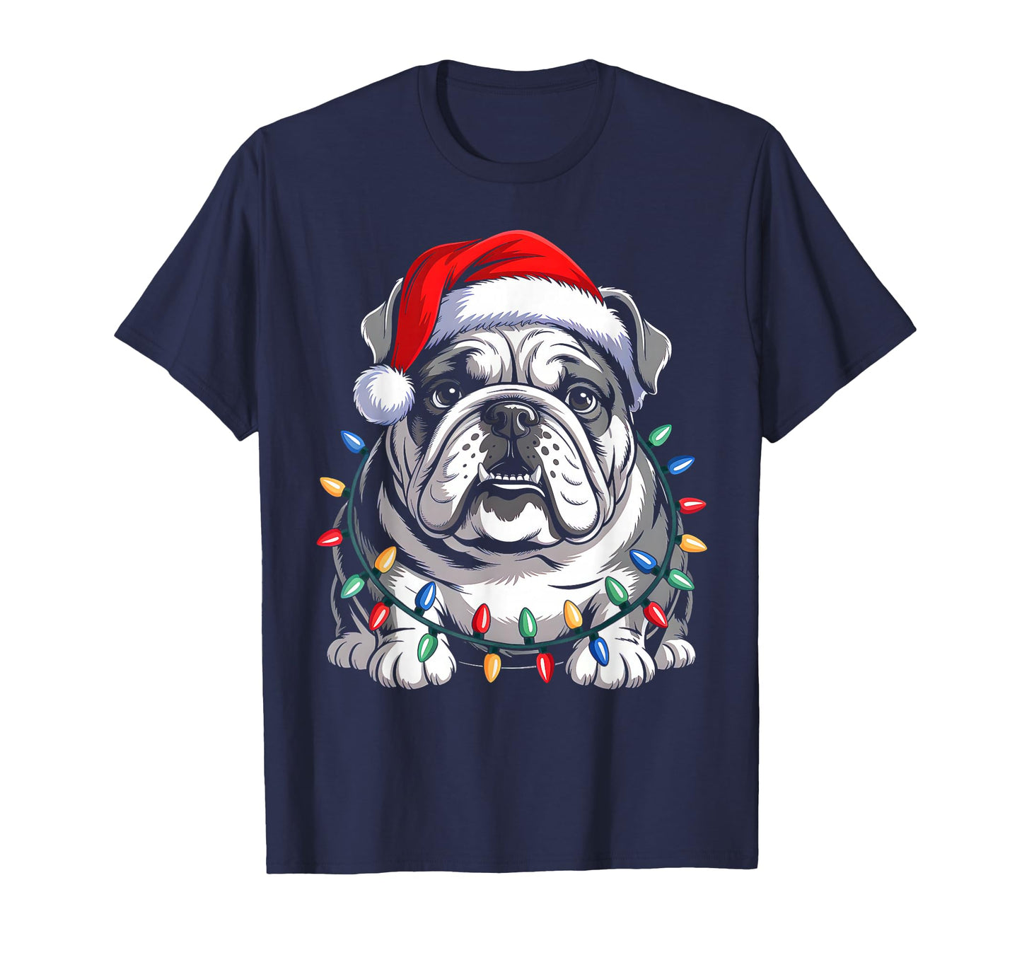 English Bulldog Christmas Lights Santa Hat Xmas Dog Lover T-Shirt