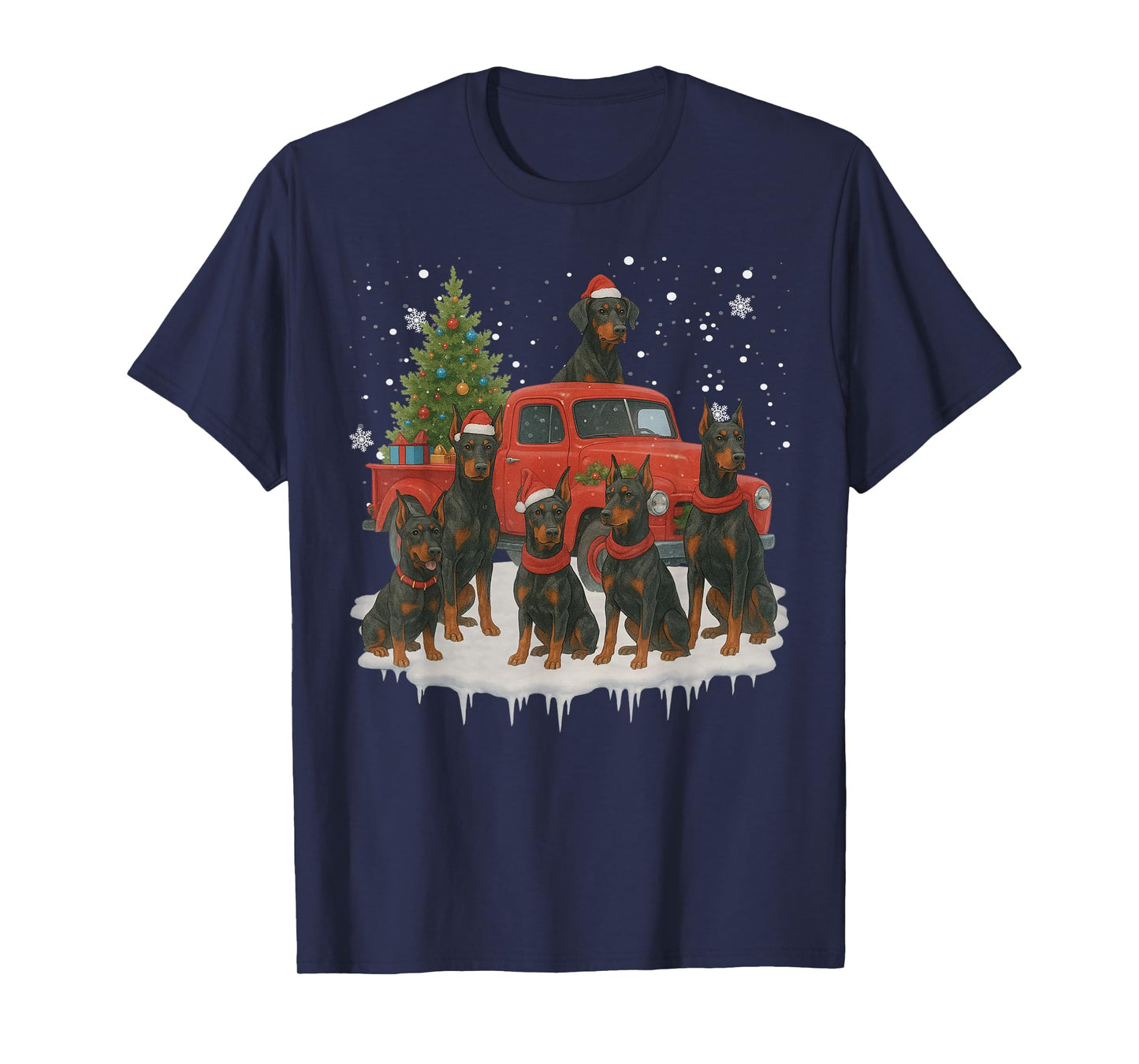 Doberman Pinscher Dog Red Truck Christmas Tree Santa Ugly T-Shirt