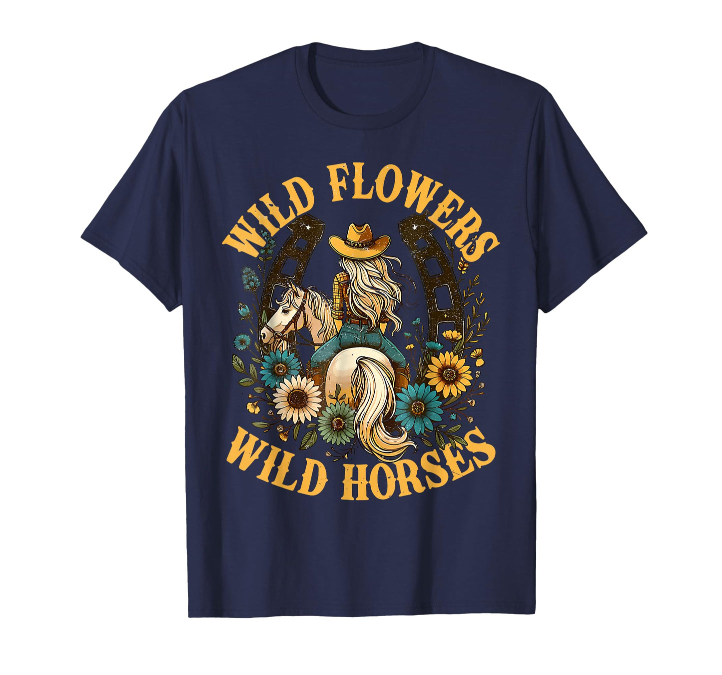 Southern Sunset Cowgirl Retro Wild Flowers Horses for Girl T-Shirt
