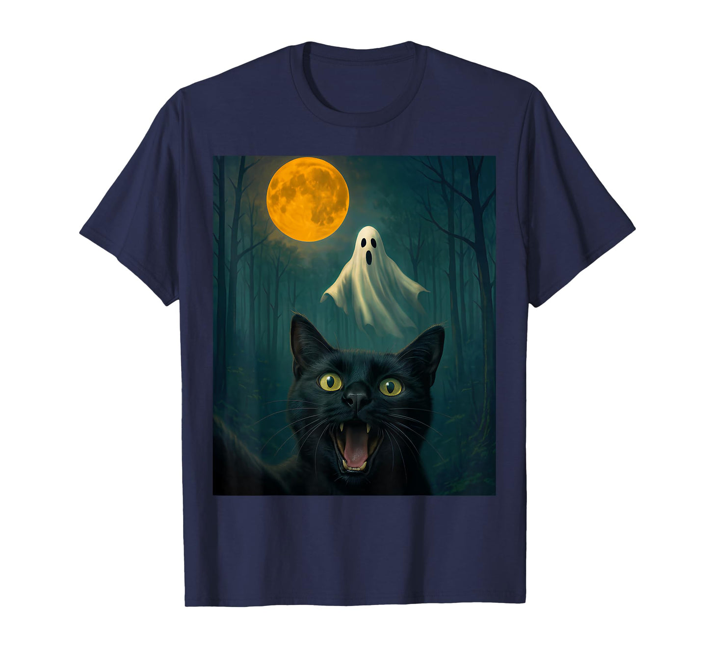 Funny Scared Cat Selfie with Ghost Halloween Day Women Men T-Shirt