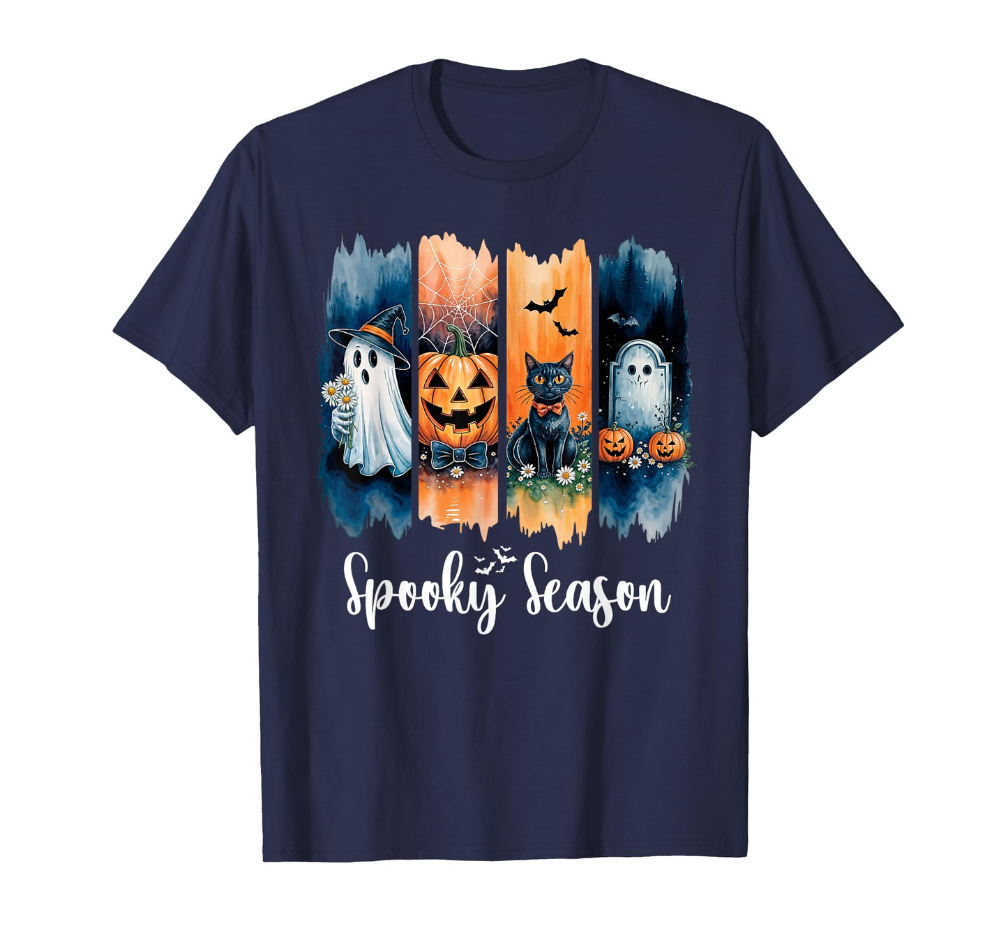 Spooky Season Vintage Halloween Ghost Pumpkin Black Cute Cat T-Shirt